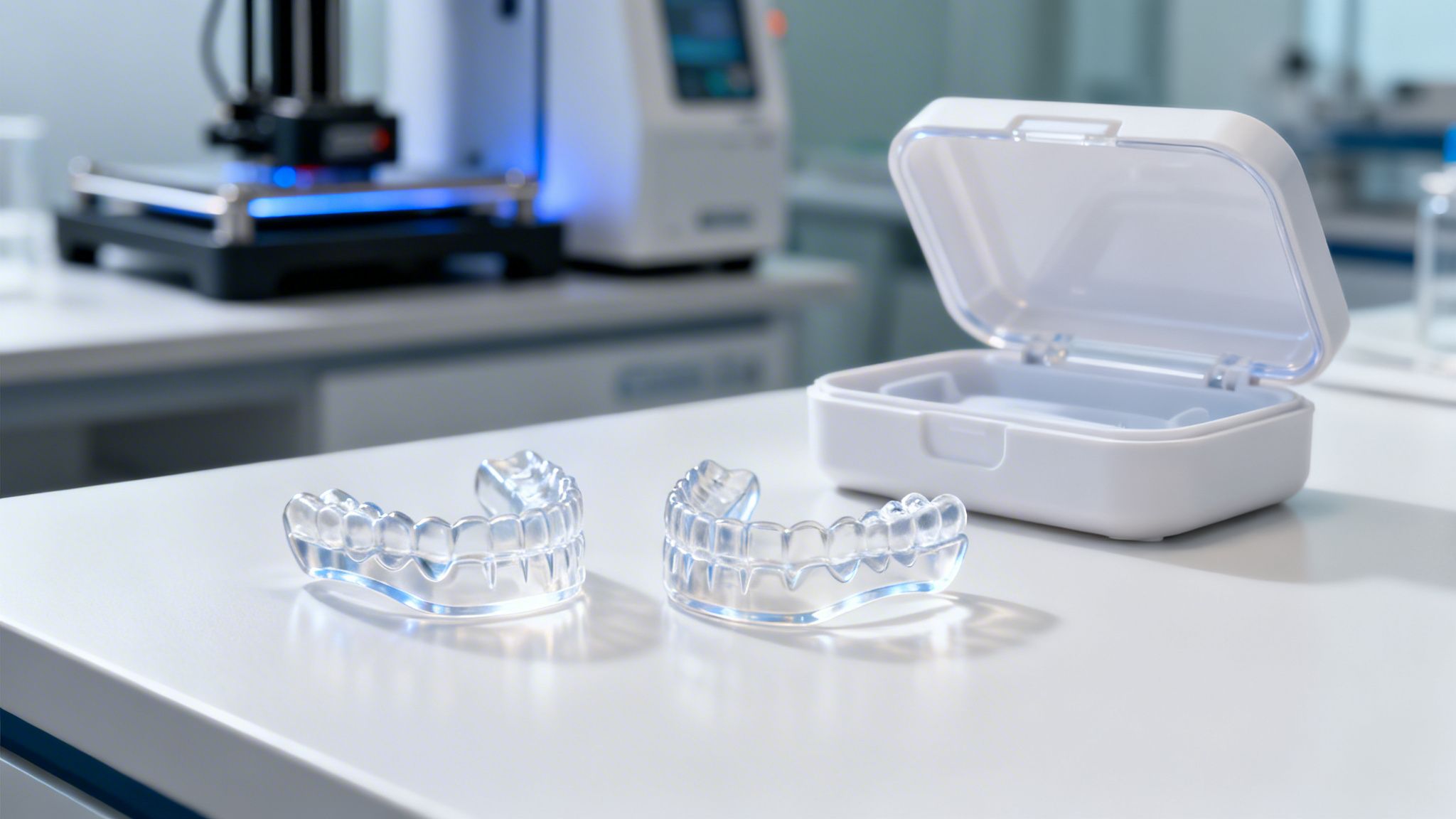 Two clear dental aligners and an open case on a white table in a dental lab setting.