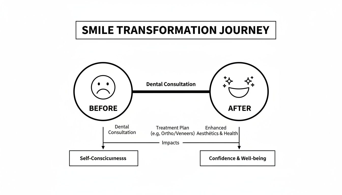 Diagram illustrating a smile transformation journey, from feeling self-conscious before dental treatment to confident after.