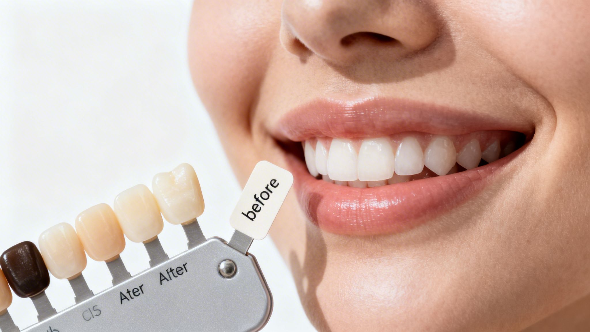 Smiling person with bright white teeth next to a dental shade guide labeled 'before'.