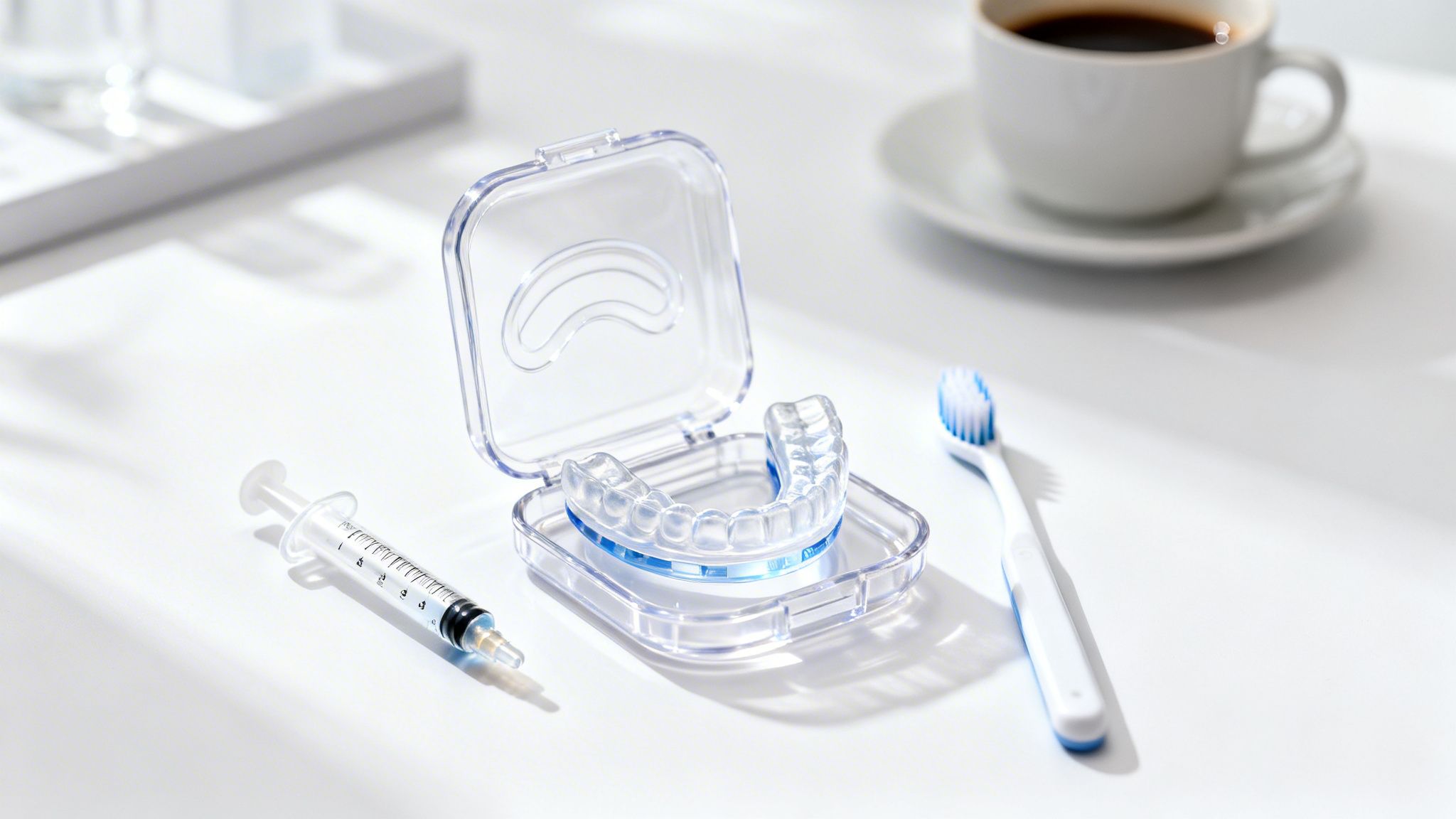 Clear dental retainer in a case, a syringe, and a toothbrush for teeth whitening on a white table.
