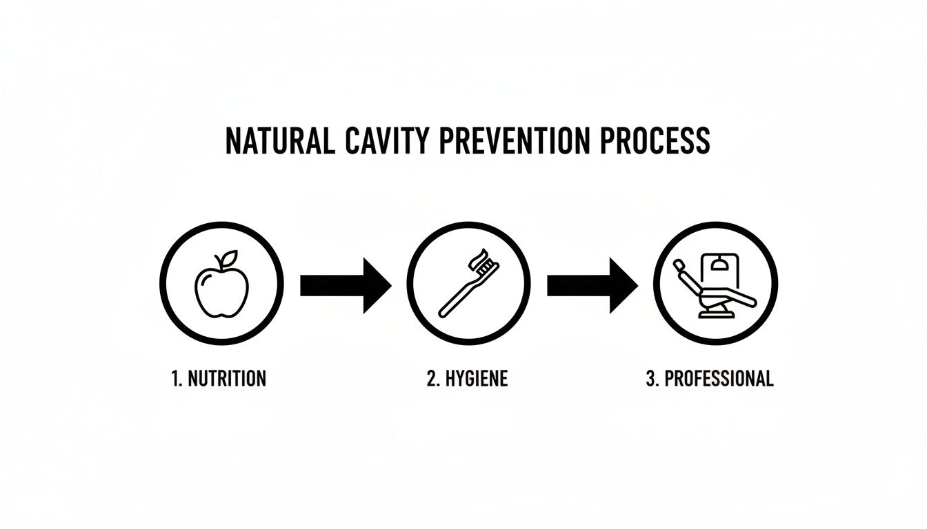 Flowchart illustrating natural cavity prevention process with steps for nutrition, hygiene, and professional dental care.