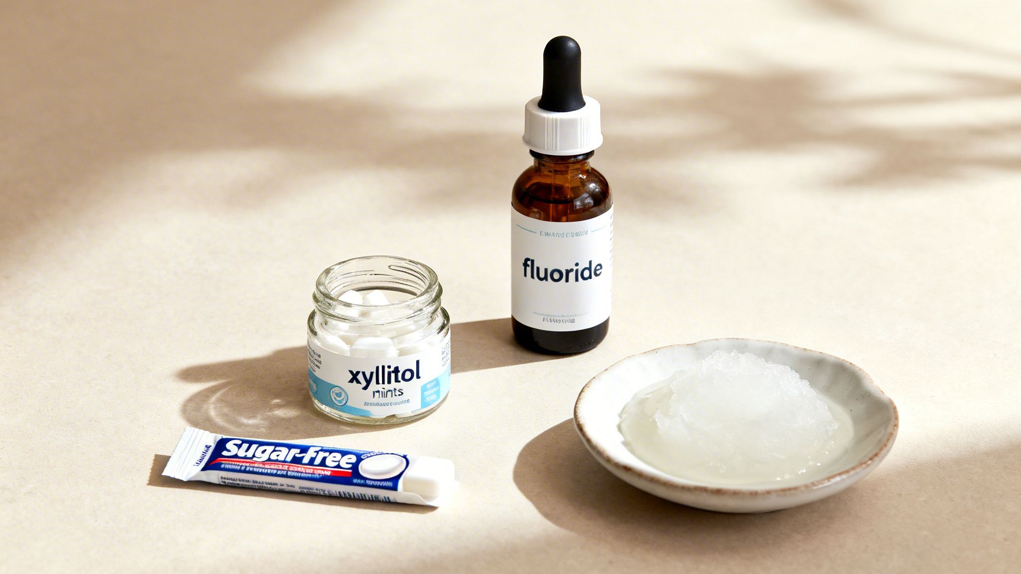 Oral hygiene products including xylitol mints, fluoride drops, sugar-free gum, and coconut oil in a bowl.
