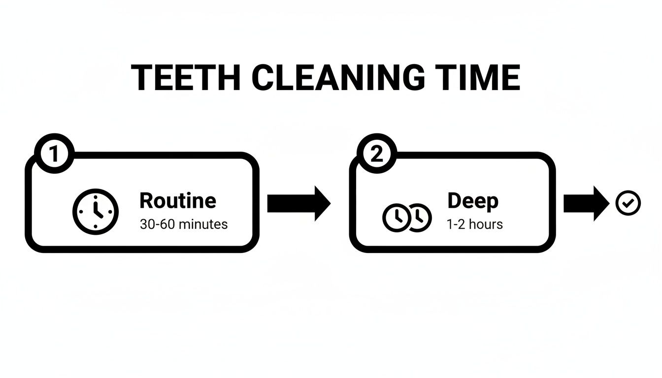 Infographic detailing teeth cleaning times: routine takes 30-60 minutes, deep cleaning requires 1-2 hours.