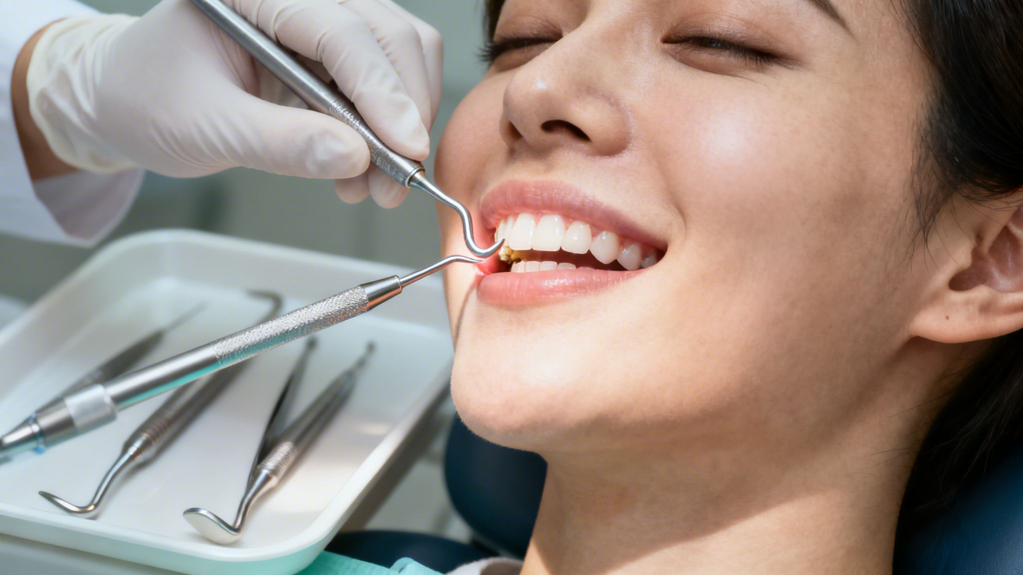 Close-up of a dentist cleaning a smiling patient's teeth with dental instruments.
