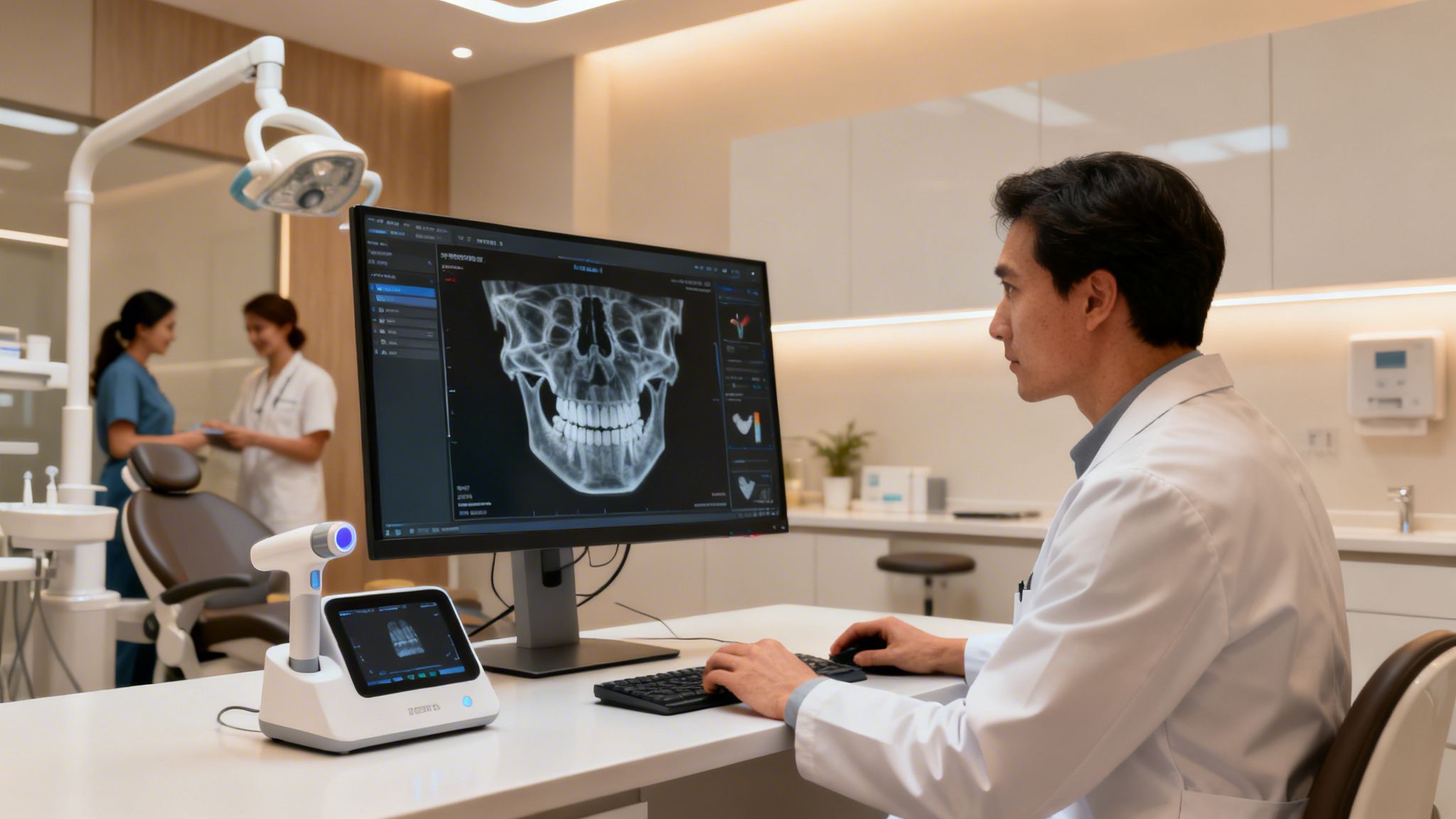 Dentist in a white coat reviewing a digital skull X-ray on a monitor in a dental clinic.