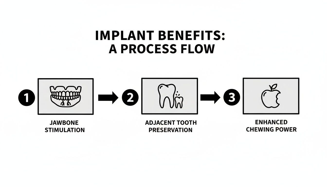 A process flow illustrating implant benefits: jawbone stimulation, adjacent tooth preservation, and enhanced chewing power.