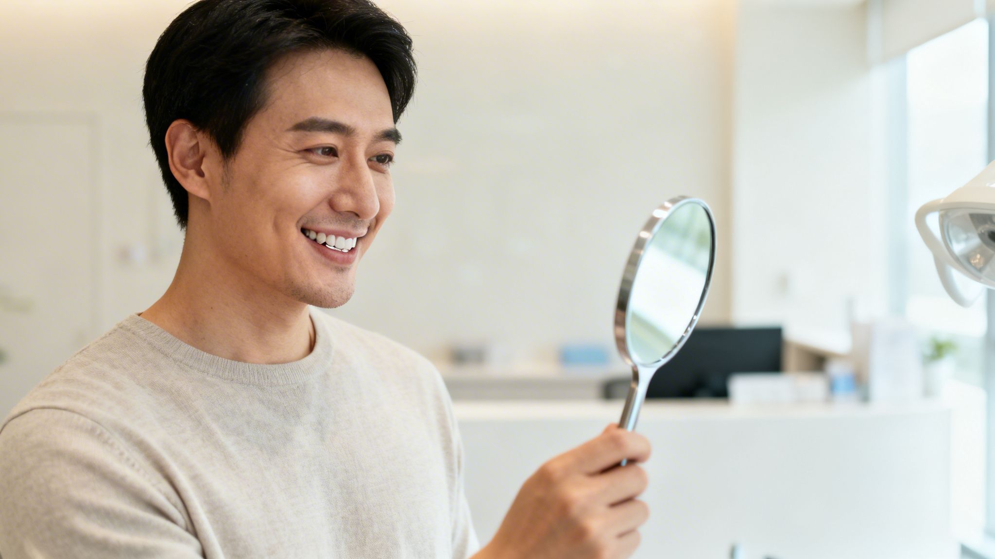 A happy man admiring his bright white teeth in a mirror at a dental clinic.