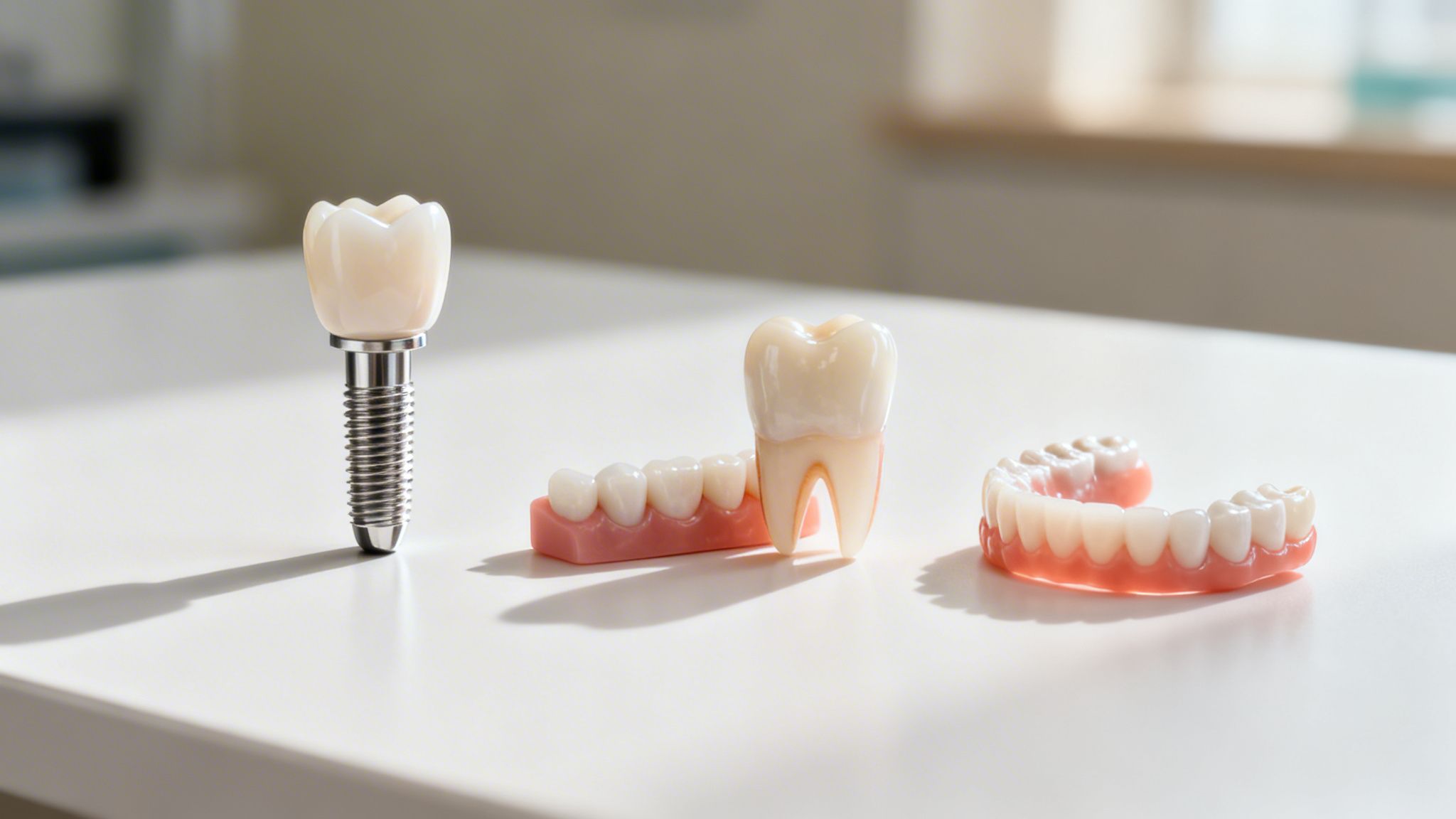 Dental models showing an implant, a partial denture, and a full upper denture for missing teeth.
