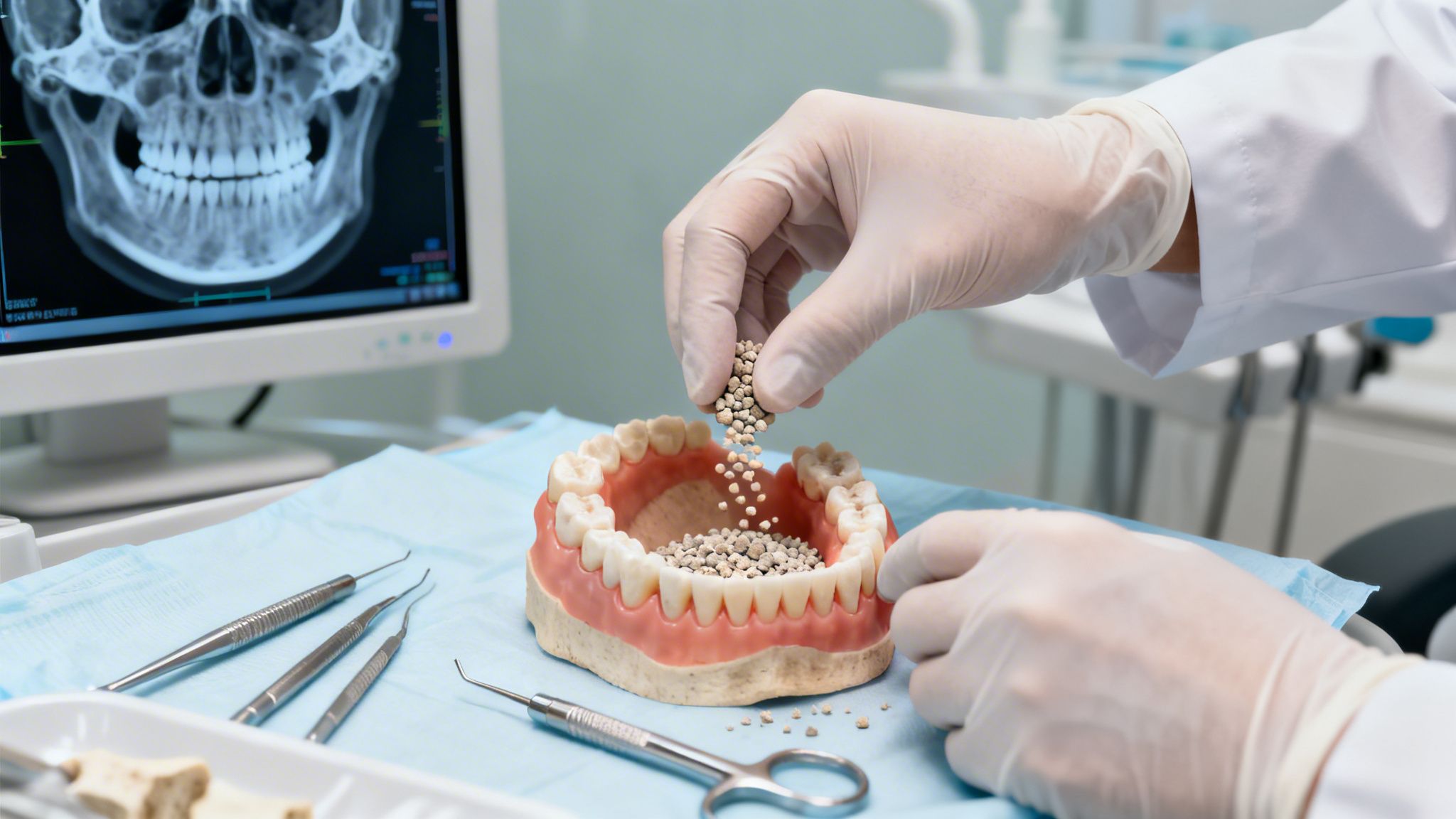 A gloved dental professional demonstrates a bone grafting procedure on a jaw model with a skull X-ray.
