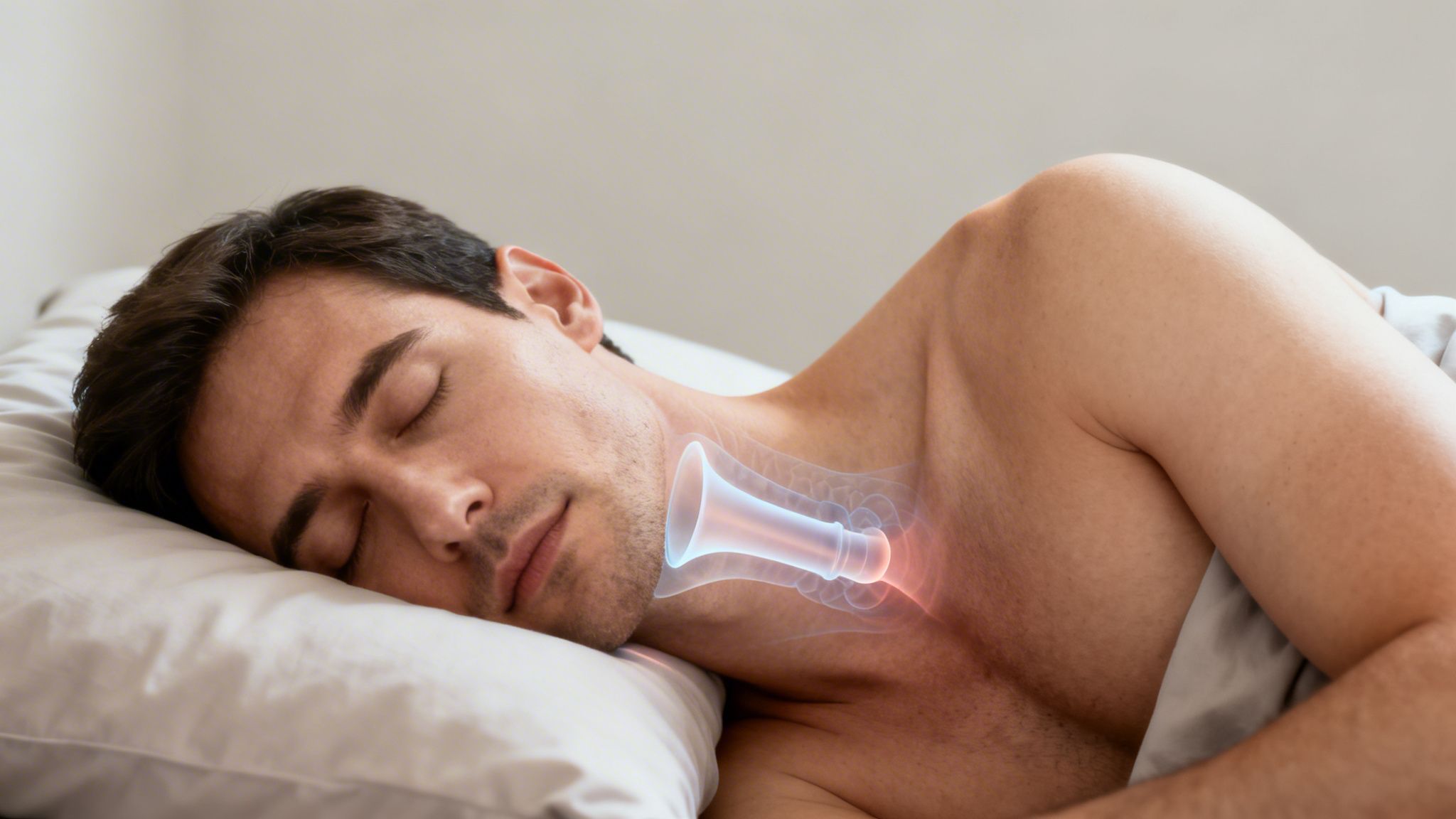 A man sleeps on his side, with an anatomical overlay of a constricted airway in his neck.