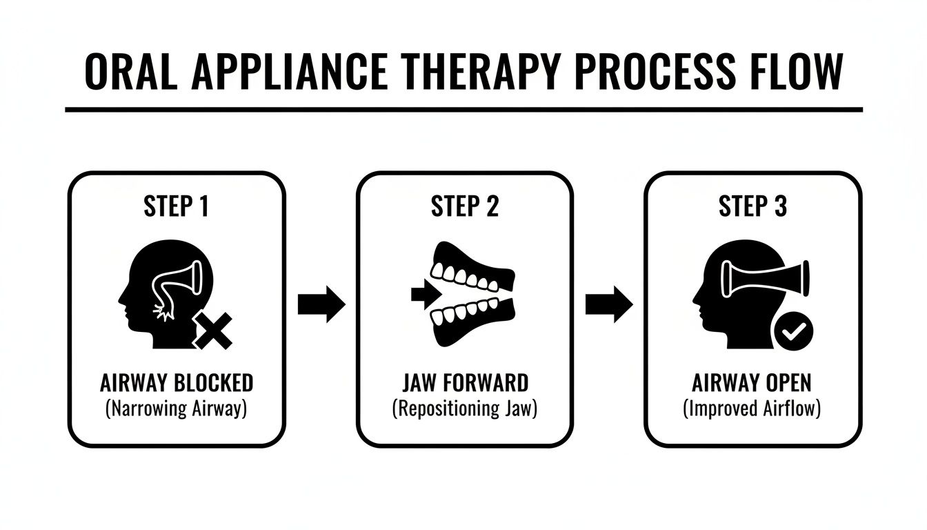 Oral appliance therapy process flow: blocked airway, jaw forward, and improved airway for better breathing.