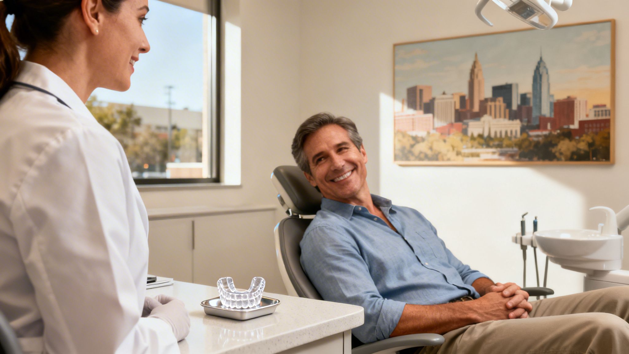 Smiling female dentist and happy male patient in a bright dental office setting.