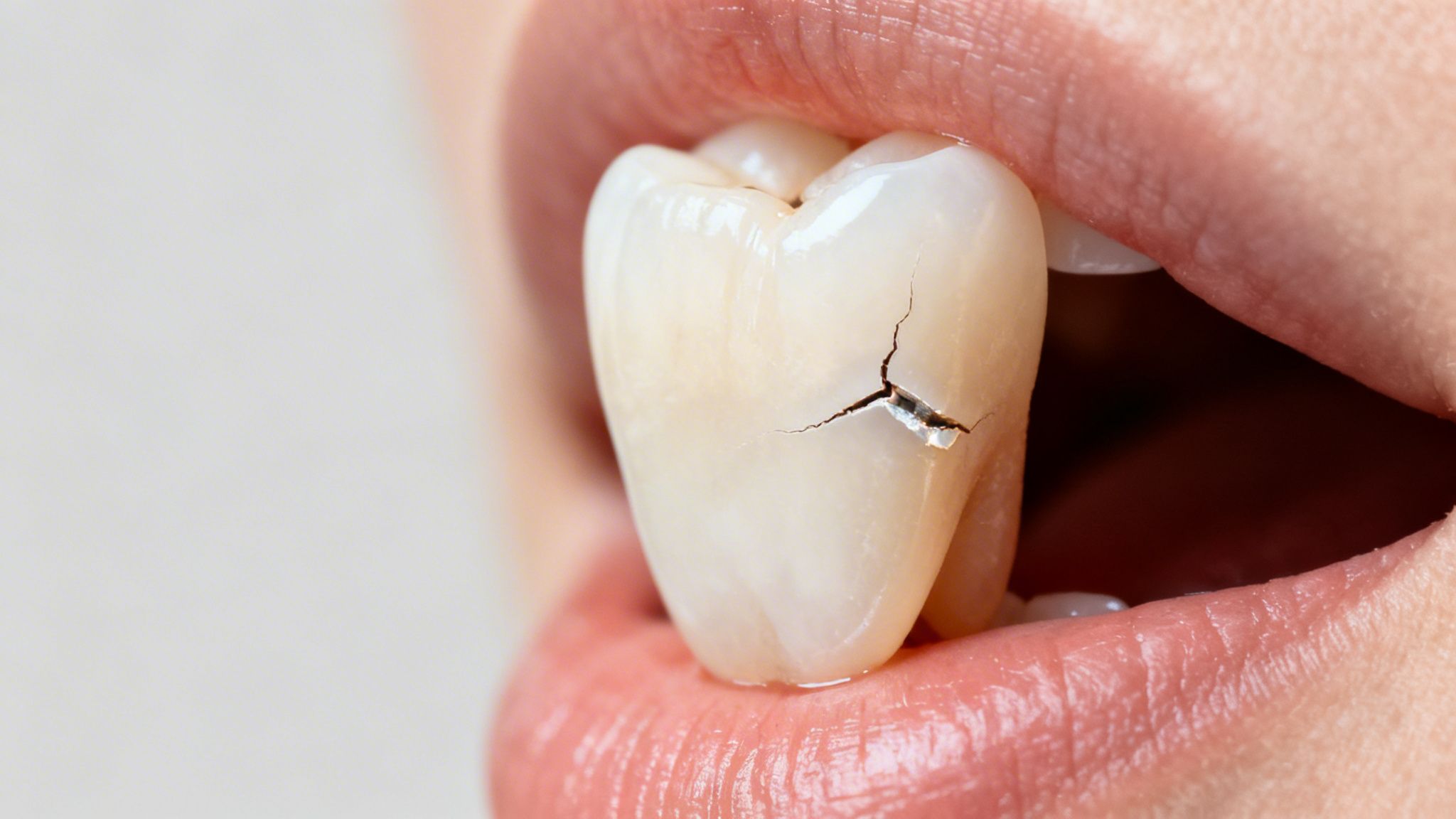 A close-up of a person's mouth showing a large, visible crack on one of their teeth.