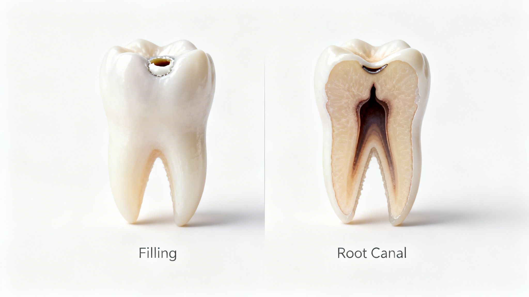 Two tooth models on a white background, one showing a dental filling and the other a root canal.