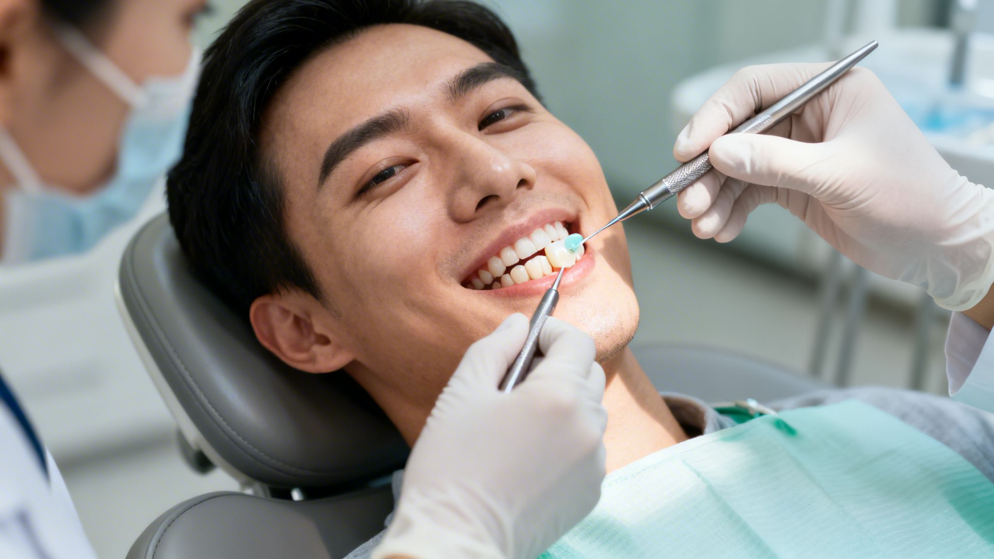 Smiling young man in a dental chair getting his teeth checked by a dentist.