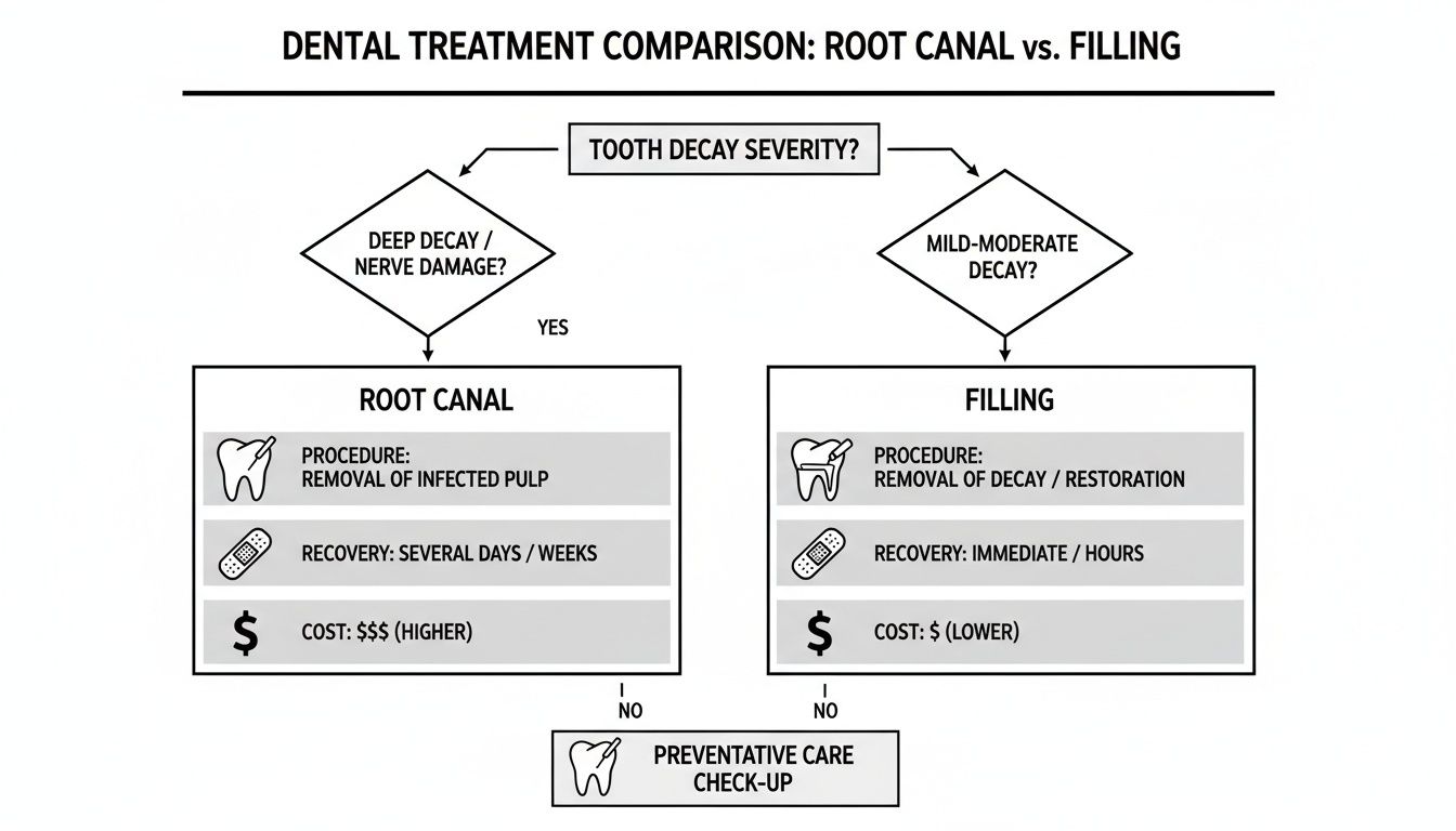 A flowchart comparing root canal and filling dental treatments based on decay severity, procedure, recovery, and cost.