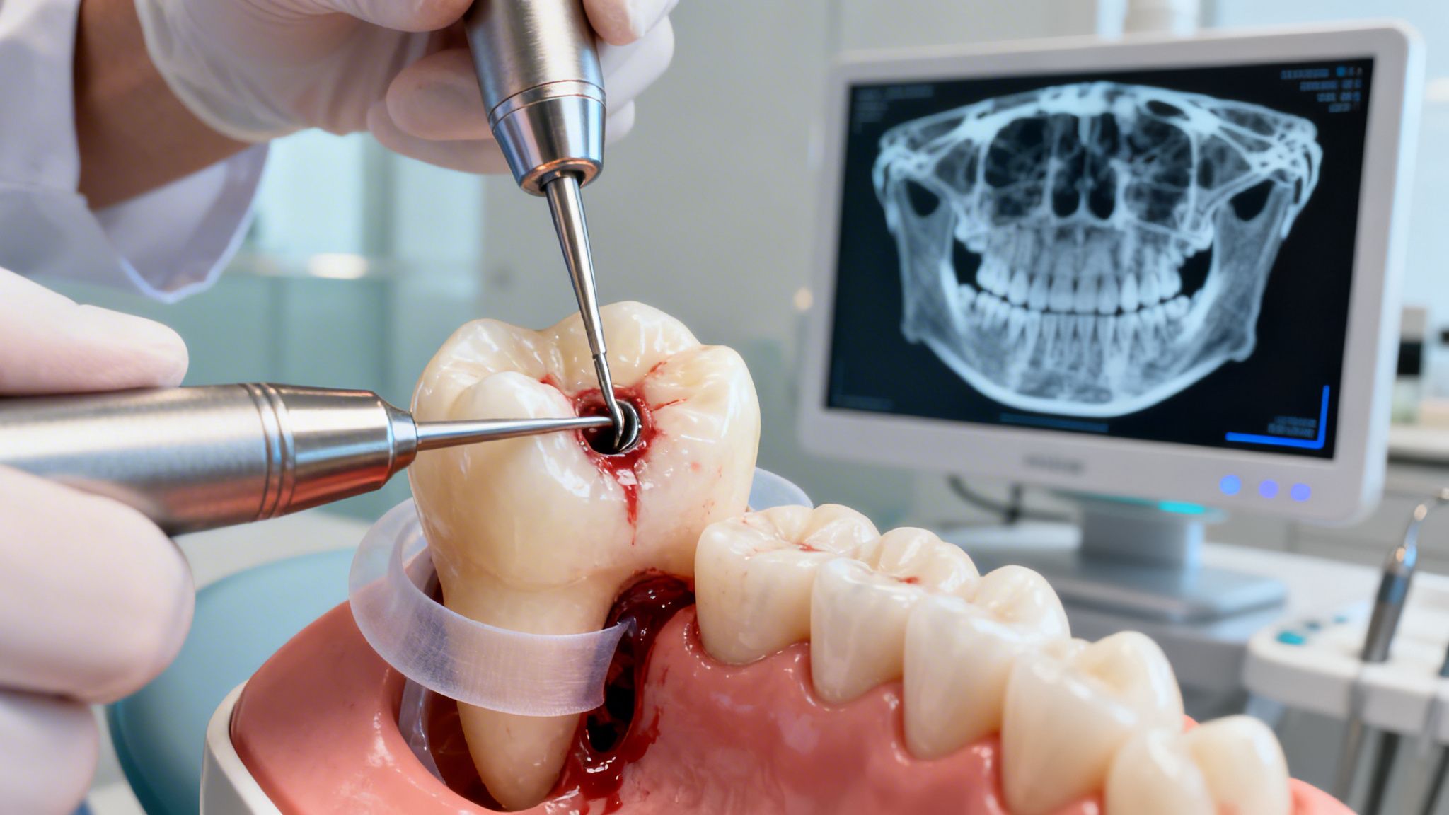 Gloved hands perform a root canal on a dental model, with tools and a jaw X-ray on screen.