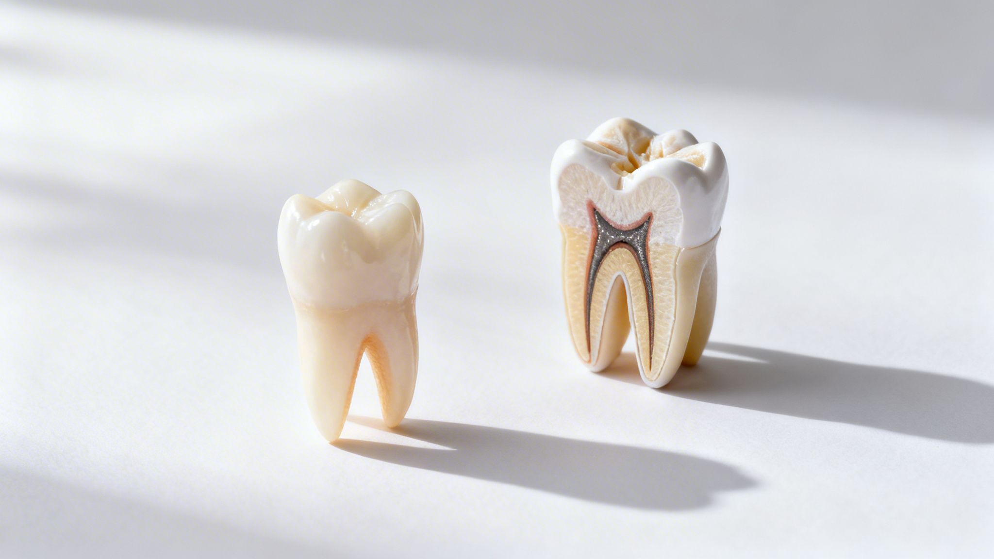 Two tooth models on white: one complete, one cross-sectioned showing internal dental anatomy.
