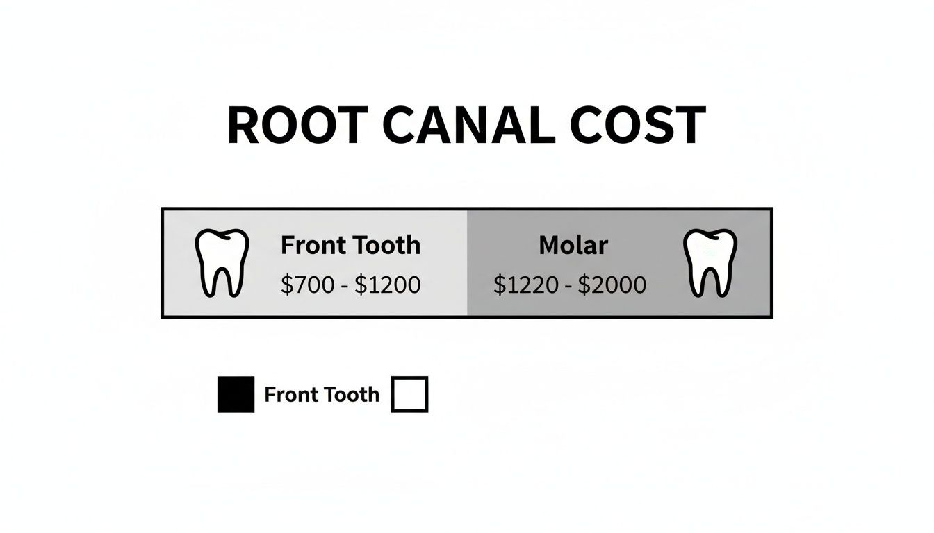 A chart displaying root canal costs: Front Tooth ($700-$1200) and Molar ($1220-$2000).