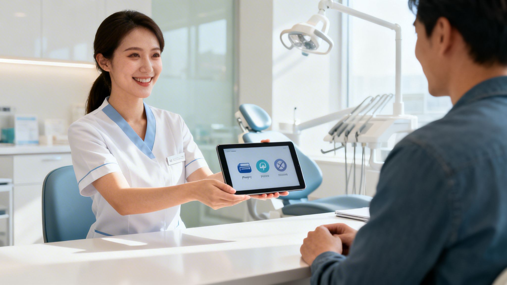 A smiling dental professional presents digital information on a tablet to a male patient in a modern dental clinic.