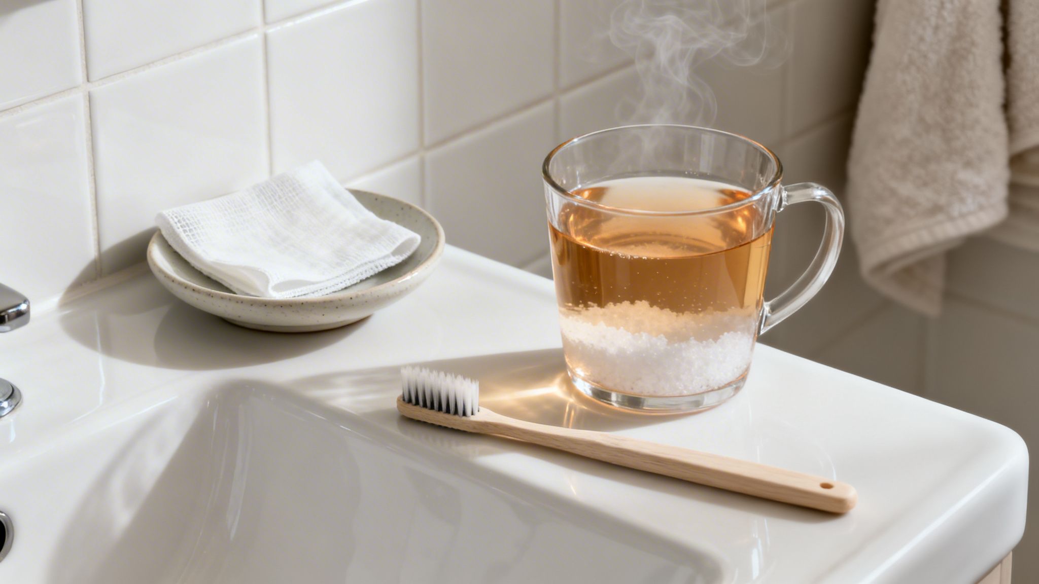 A wooden toothbrush, steaming salt water rinse, and gauze on a white bathroom sink.