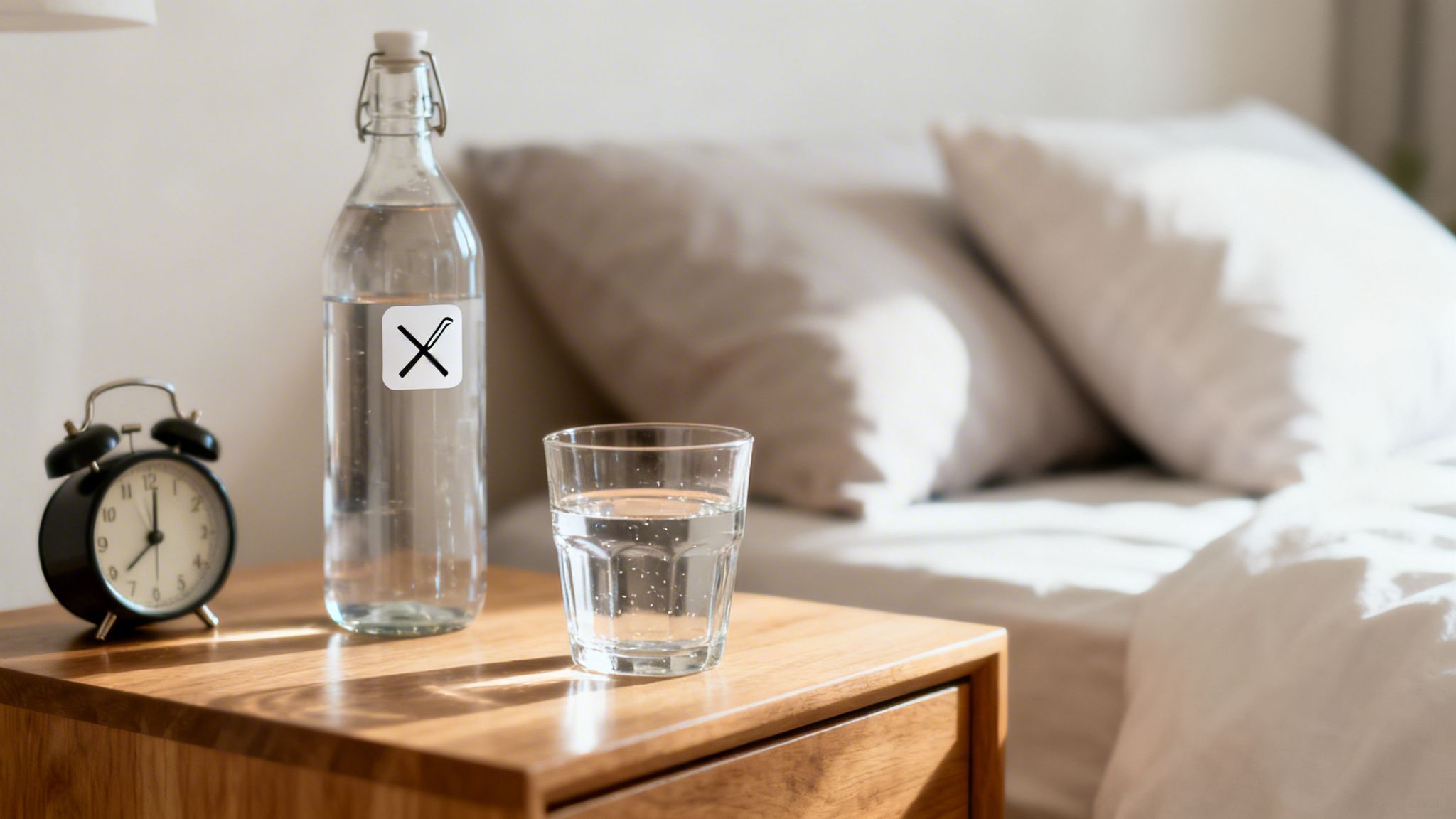 A bedside table with a water bottle, glass of water, and alarm clock, next to a bed.