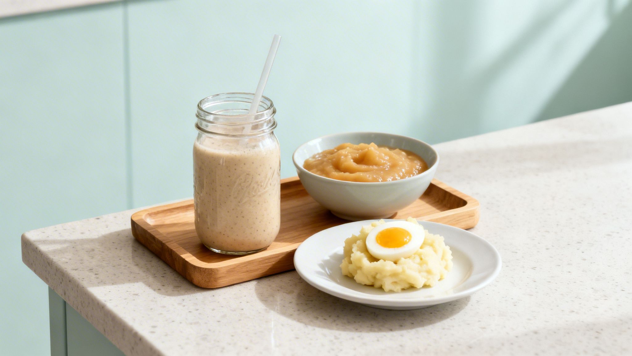 A recovery meal featuring a smoothie, applesauce, and mashed potatoes with a hard-boiled egg.