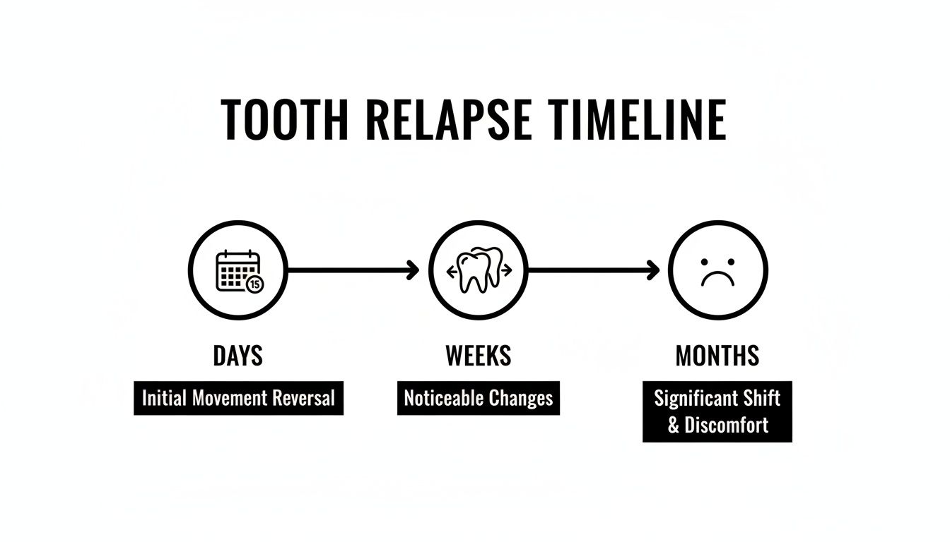 A timeline illustrating tooth relapse progression from initial movement reversal in days to significant discomfort in months.