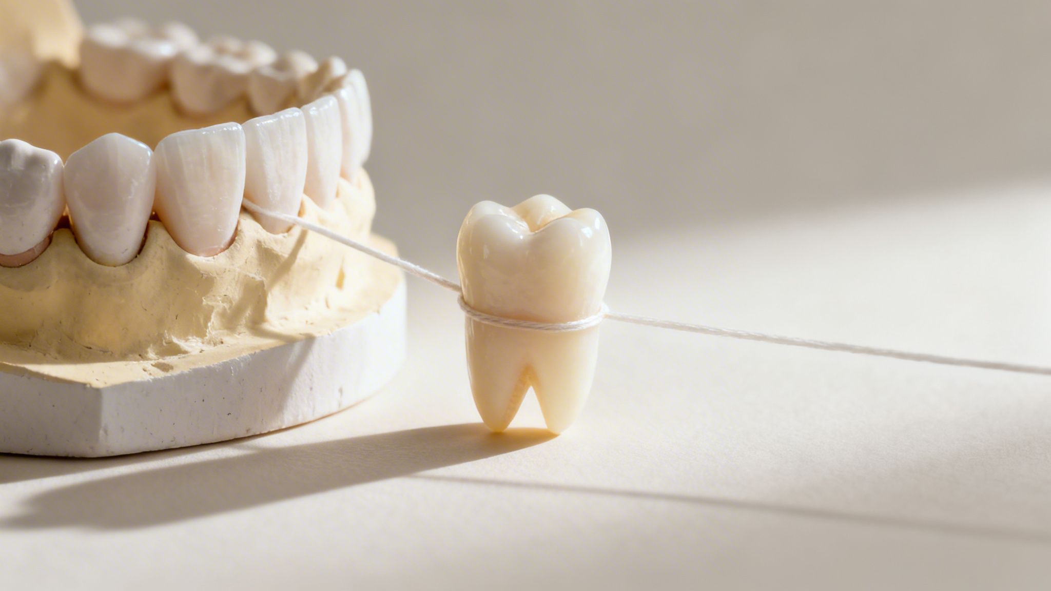 Dental floss wrapped around a model tooth and jaw cast, illustrating flossing importance.