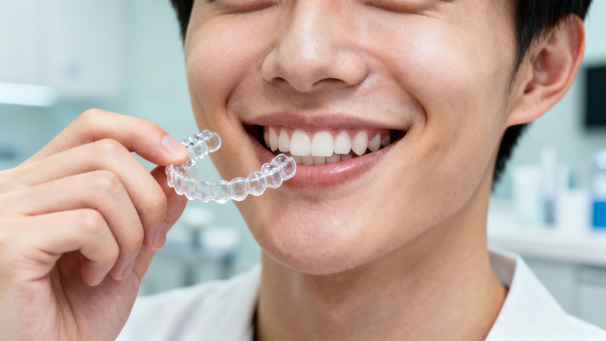 Close-up of a smiling person holding a clear dental aligner for orthodontic treatment.
