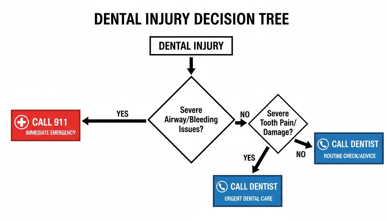 A dental injury decision tree flowchart guiding actions for severe airway/bleeding, tooth pain, or routine issues.