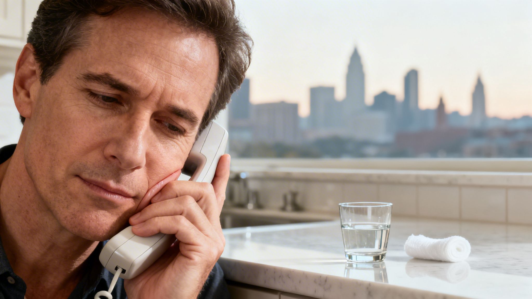 A pensive man talks on a landline phone, with a blurred city skyline in the background.