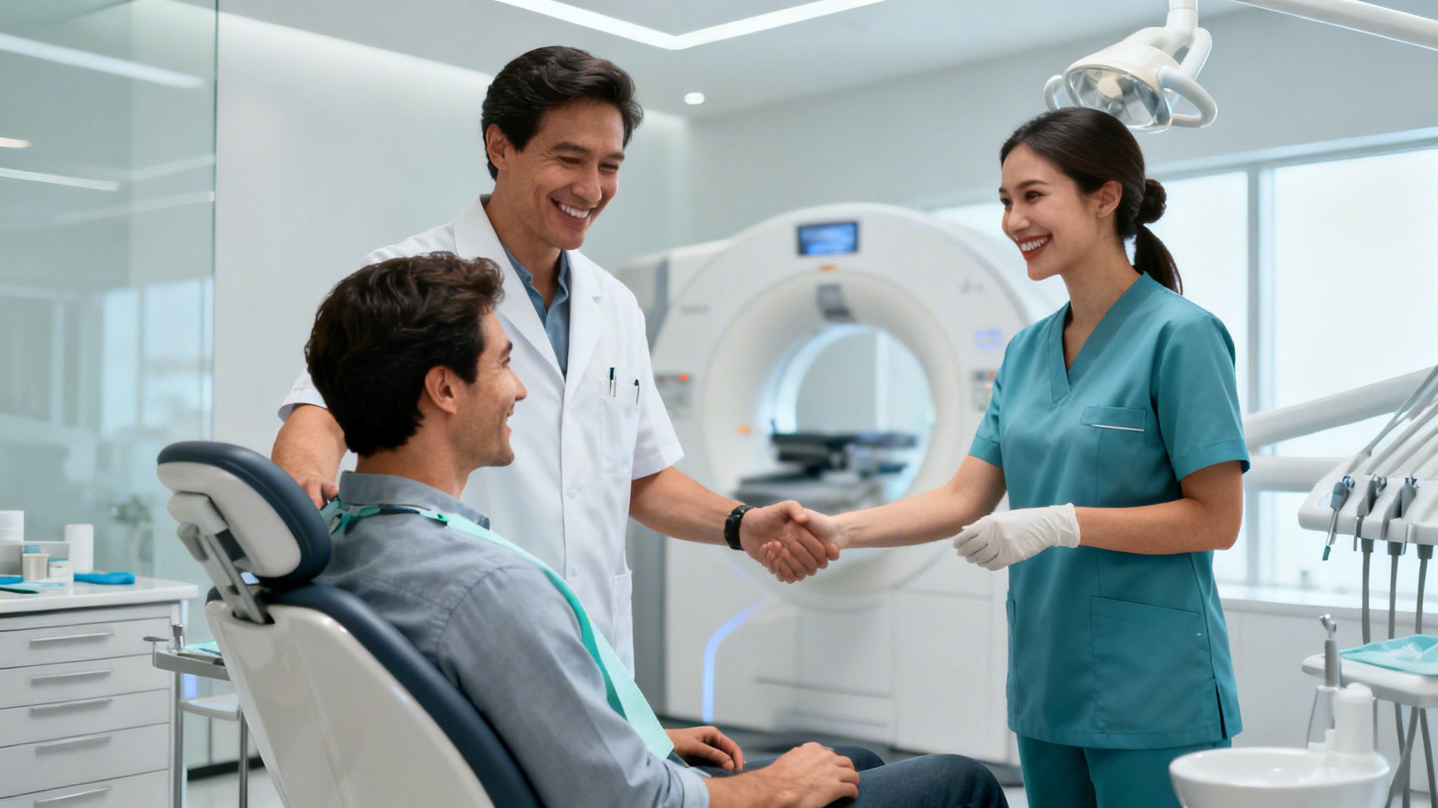 Smiling patient shakes hands with a dental assistant, while a dentist smiles beside them in a modern clinic.