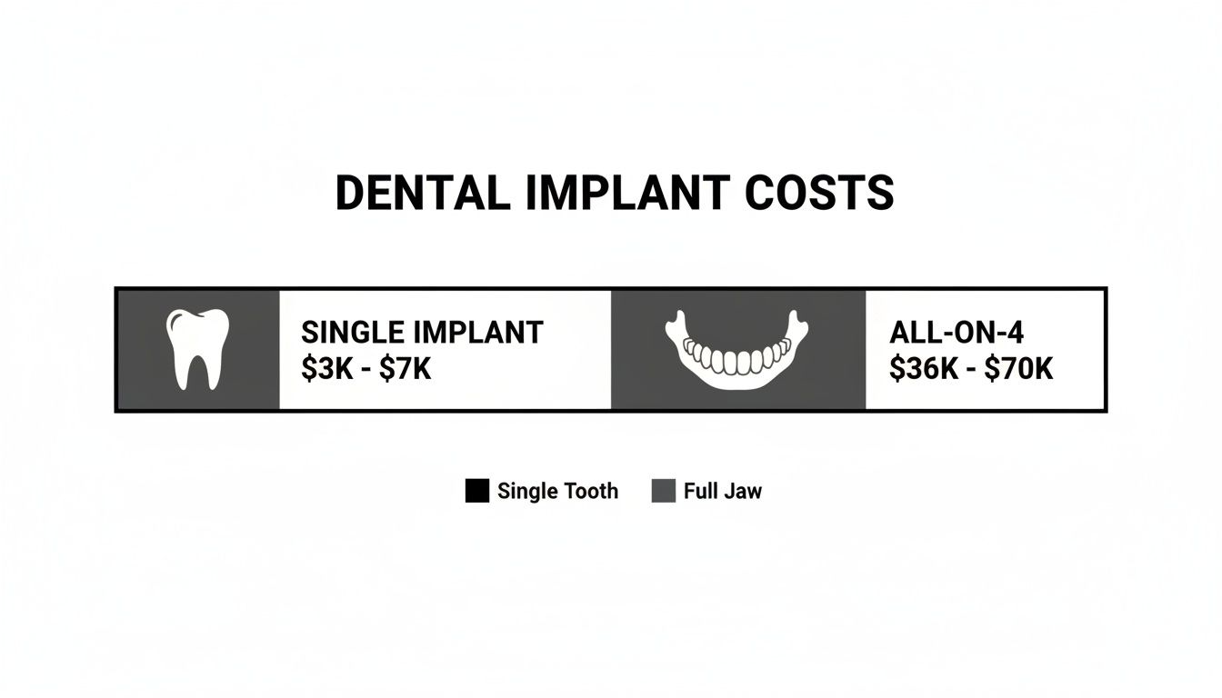 An infographic displaying dental implant costs: Single Implant ($3K-$7K) and All-on-4 ($36K-$70K).