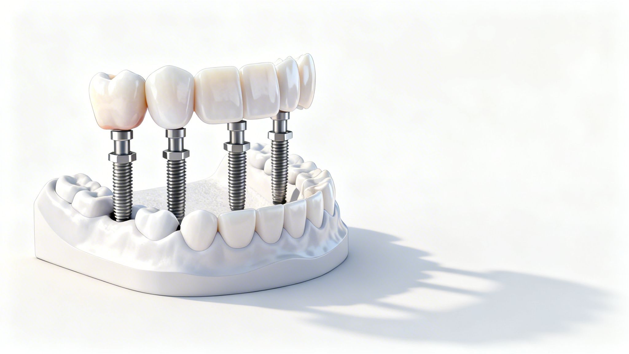 A 3D dental model showcasing multiple dental implants with a prosthetic bridge of teeth.