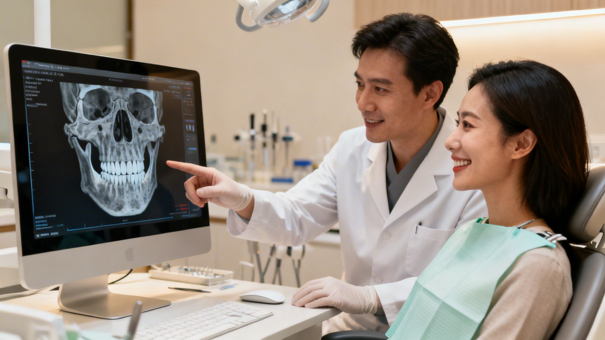 A male dentist explains a 3D dental scan of a skull to a smiling female patient in a modern dental clinic.