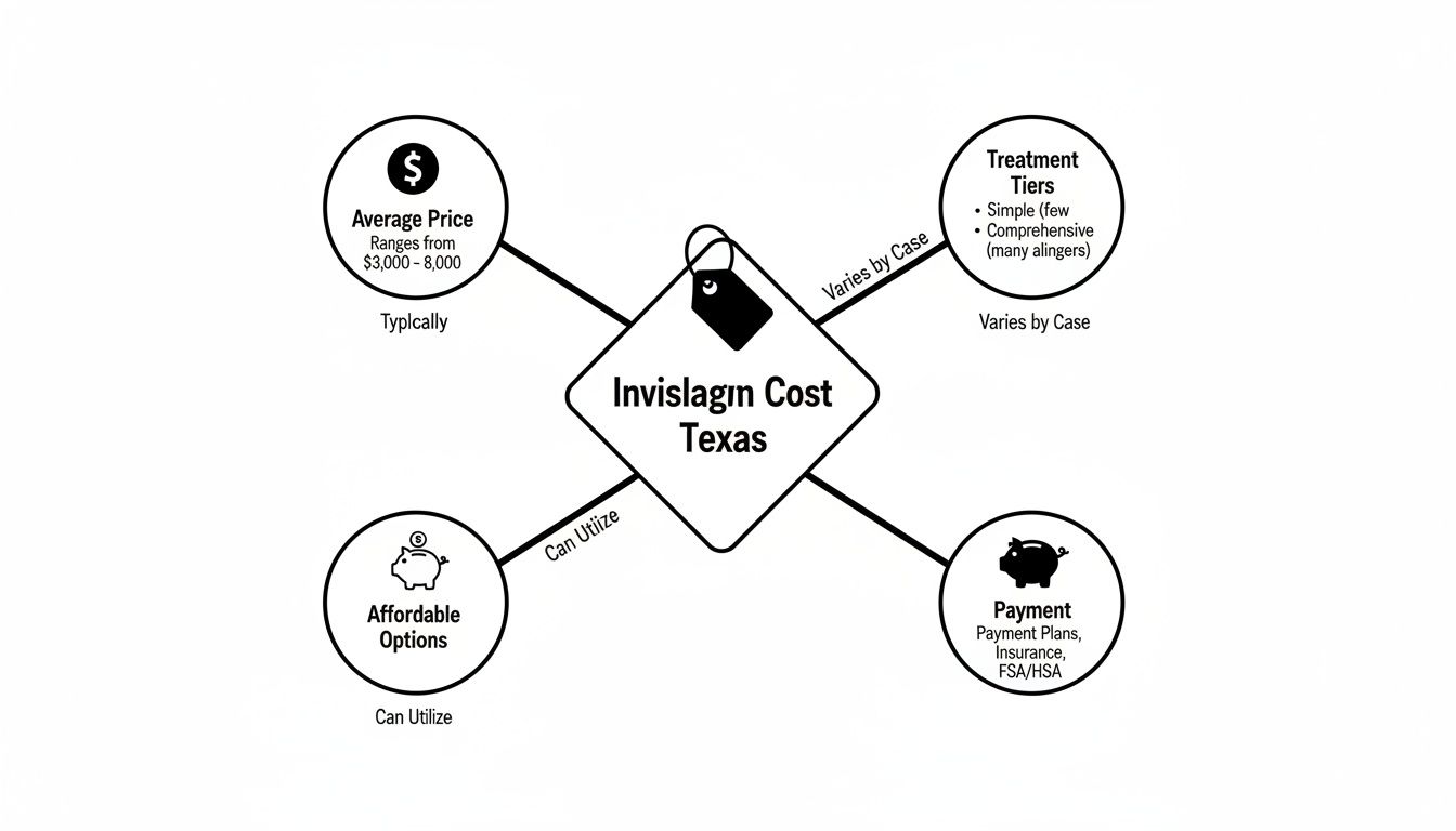 Mind map detailing Invisalign cost in Texas, covering average prices, treatment tiers, payment options, and affordable solutions.