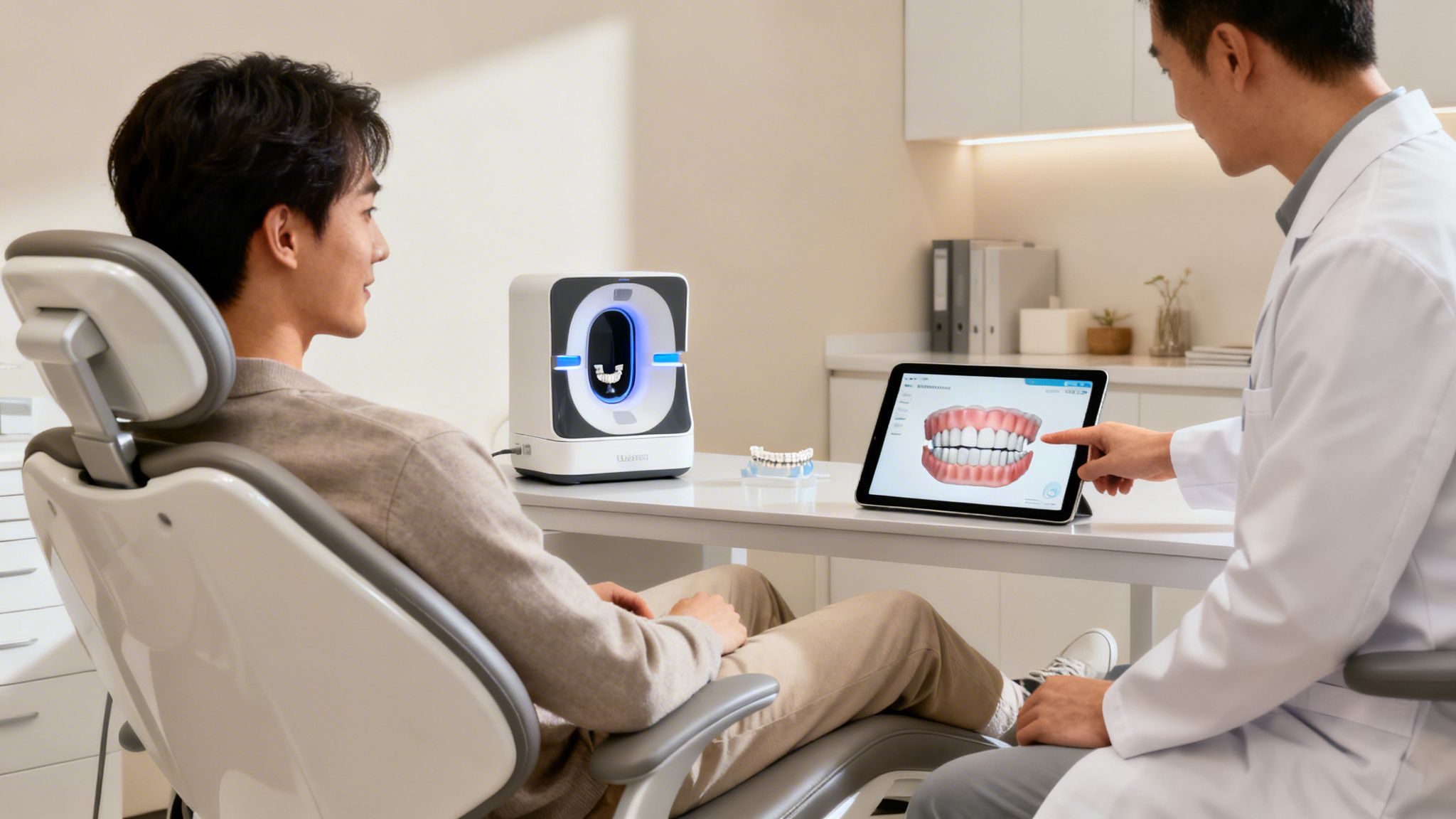 Dentist shows a patient a digital 3D teeth scan on a tablet in a modern dental office.