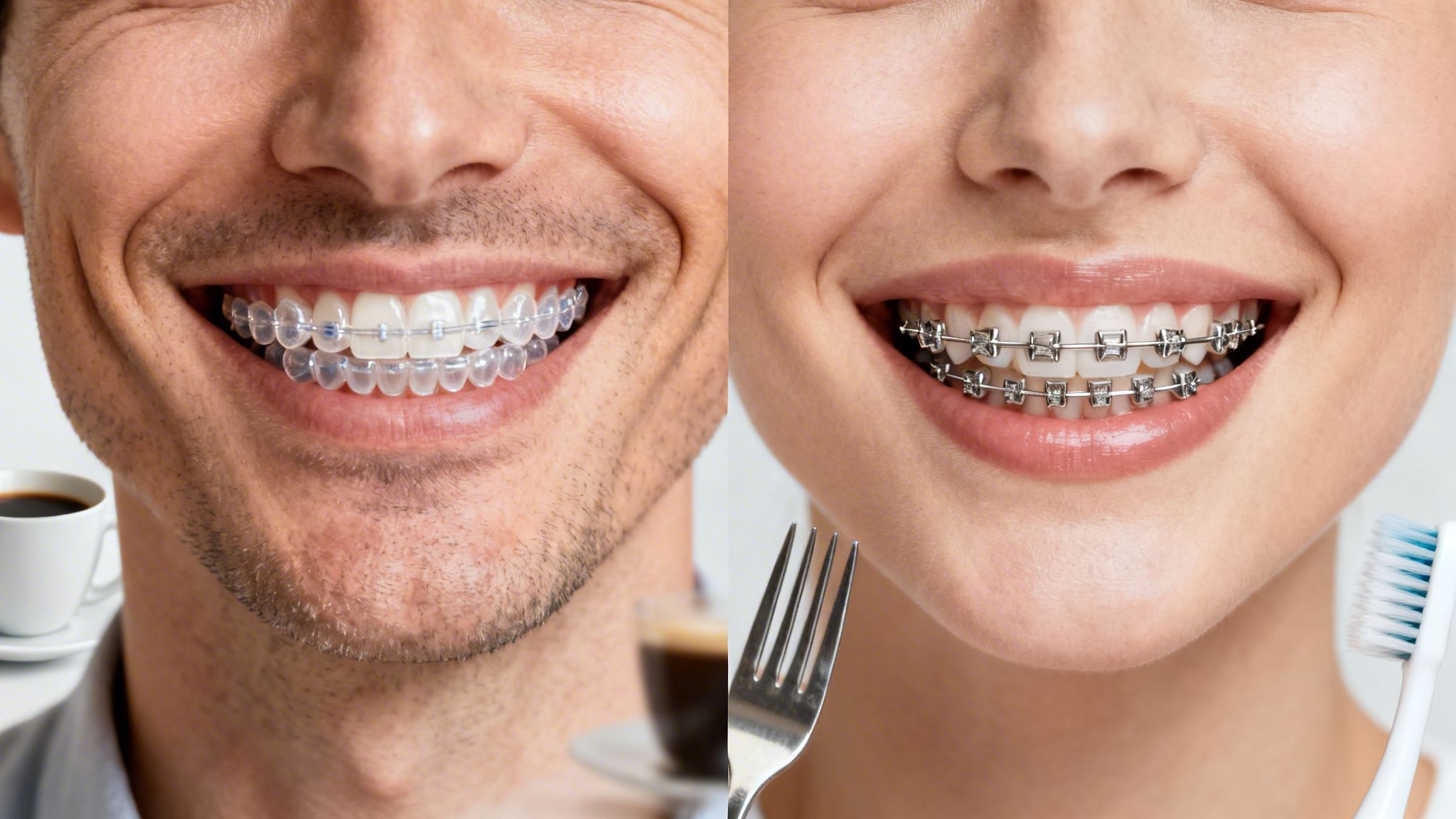 Smiling man with clear aligners and woman with metal braces, showcasing orthodontic options.