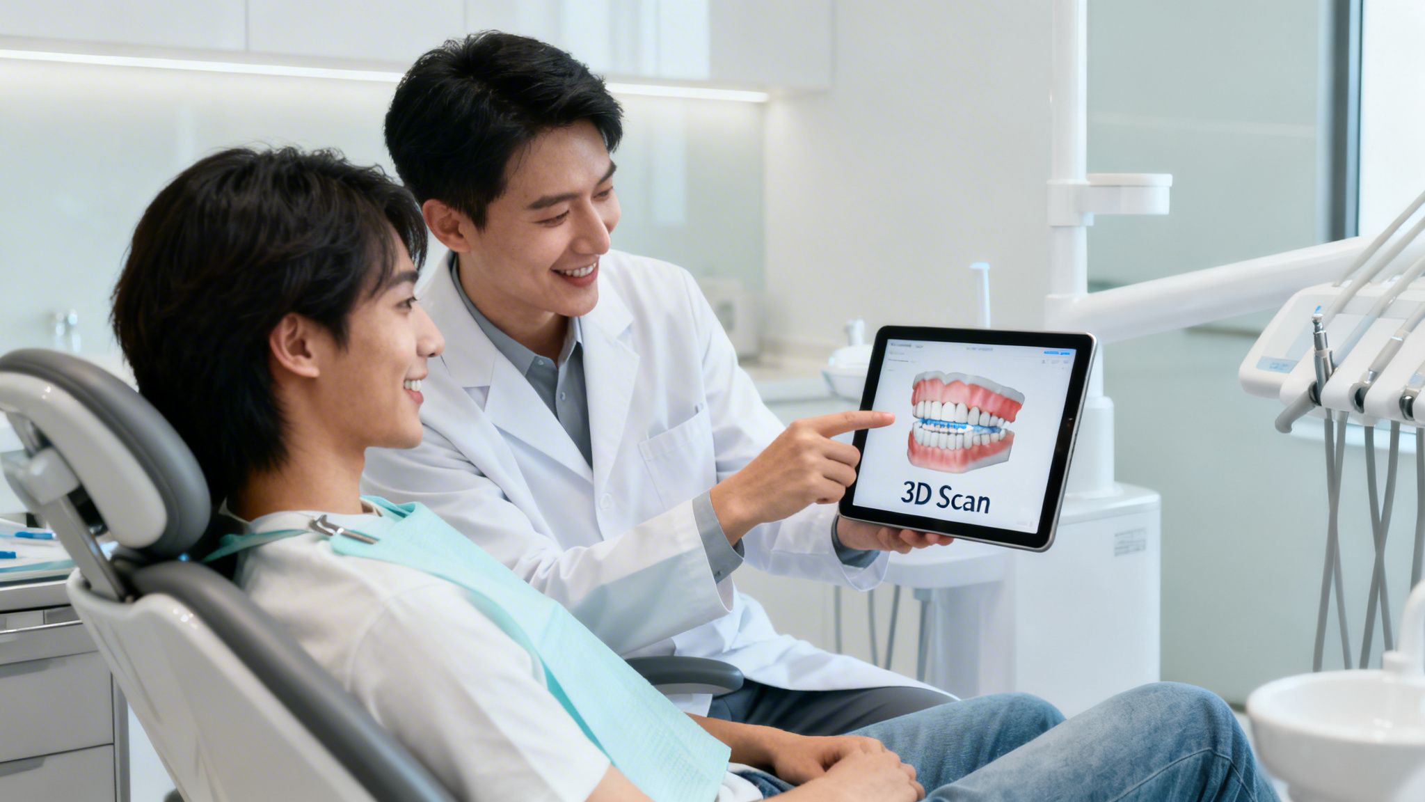 Smiling dentist explains a 3D dental scan with braces on a tablet to a happy male patient.