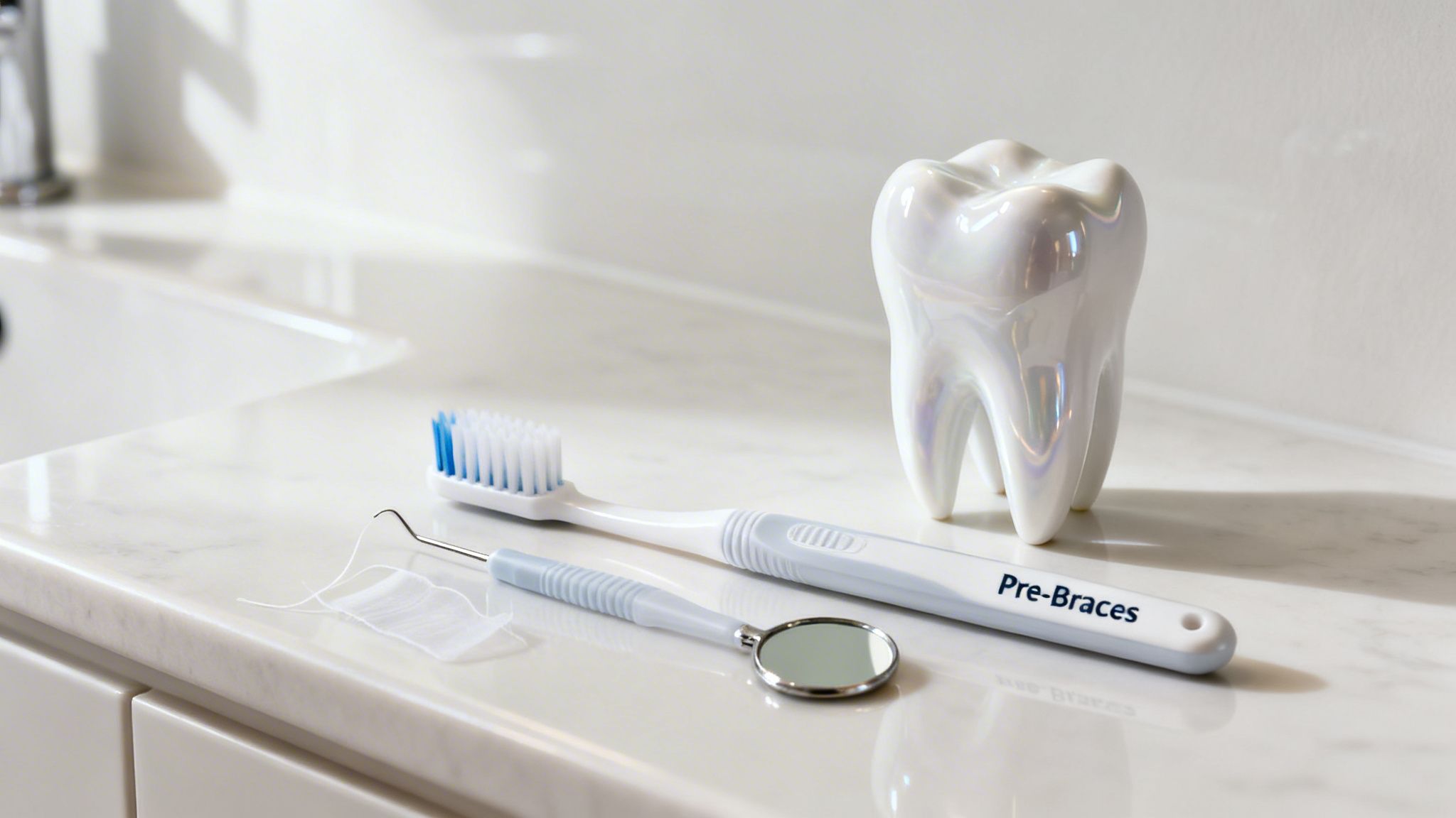 Dental hygiene tools like a 'Pre-Braces' toothbrush, floss, dental mirror, and tooth model on a counter.