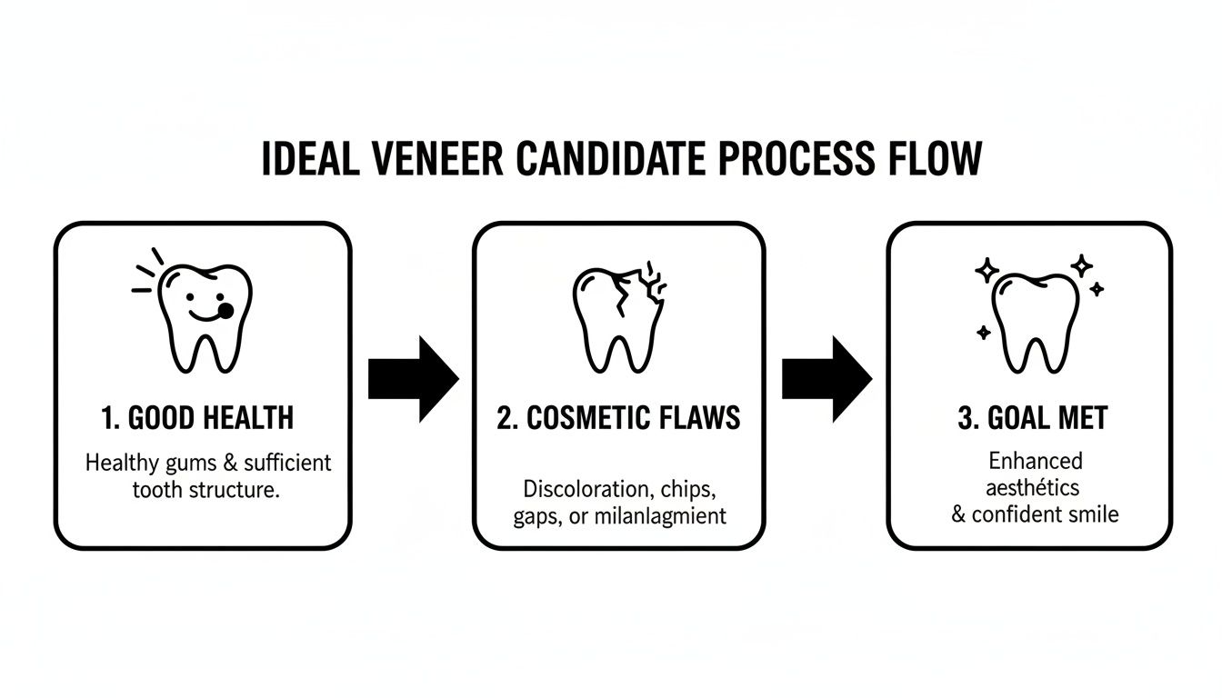 Flowchart illustrating the three-step process for ideal veneer candidates, from good health to a confident smile.