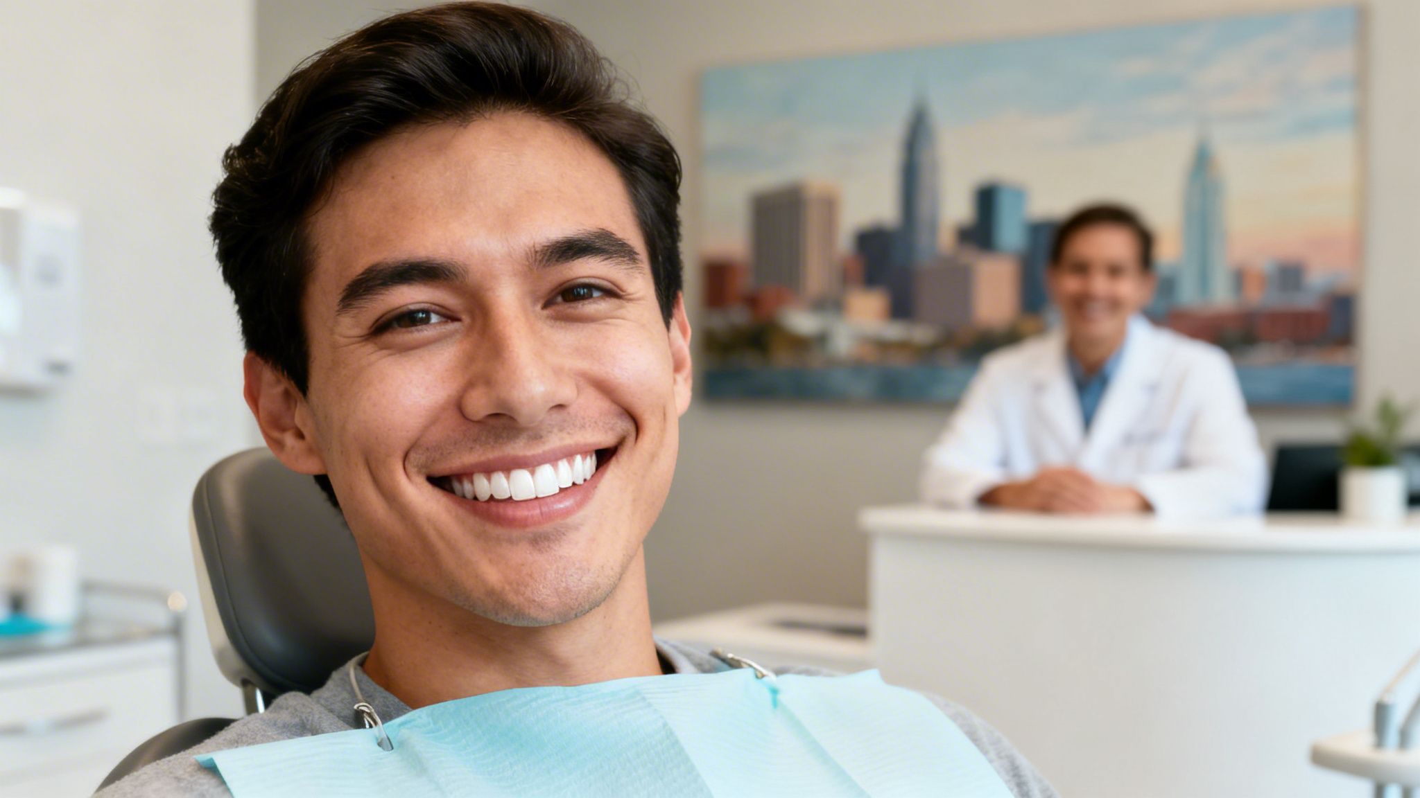 Happy young man in dental chair smiling brightly, with a dentist in the background.