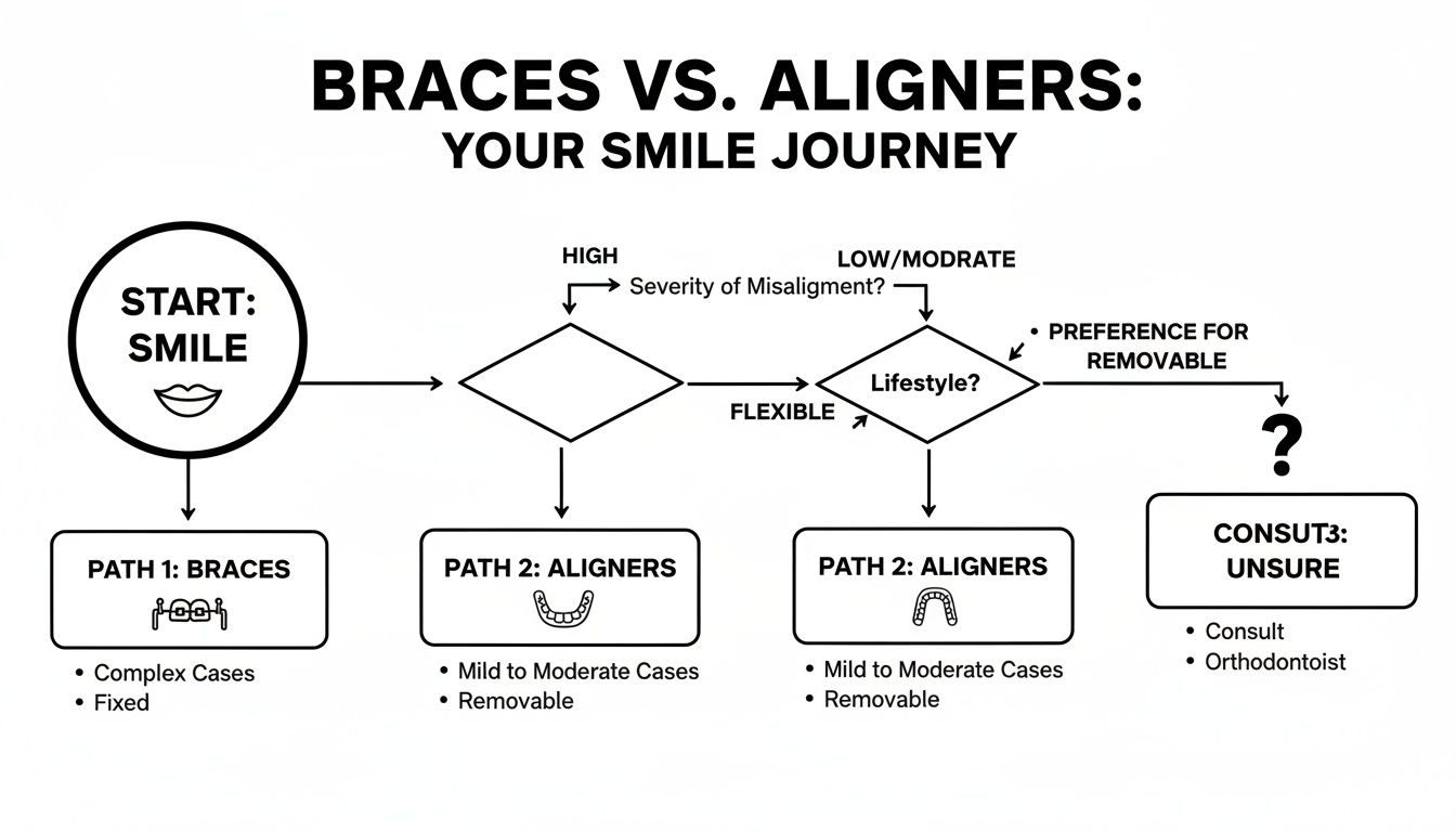 A flowchart comparing braces versus aligners, detailing treatment paths based on misalignment and lifestyle.
