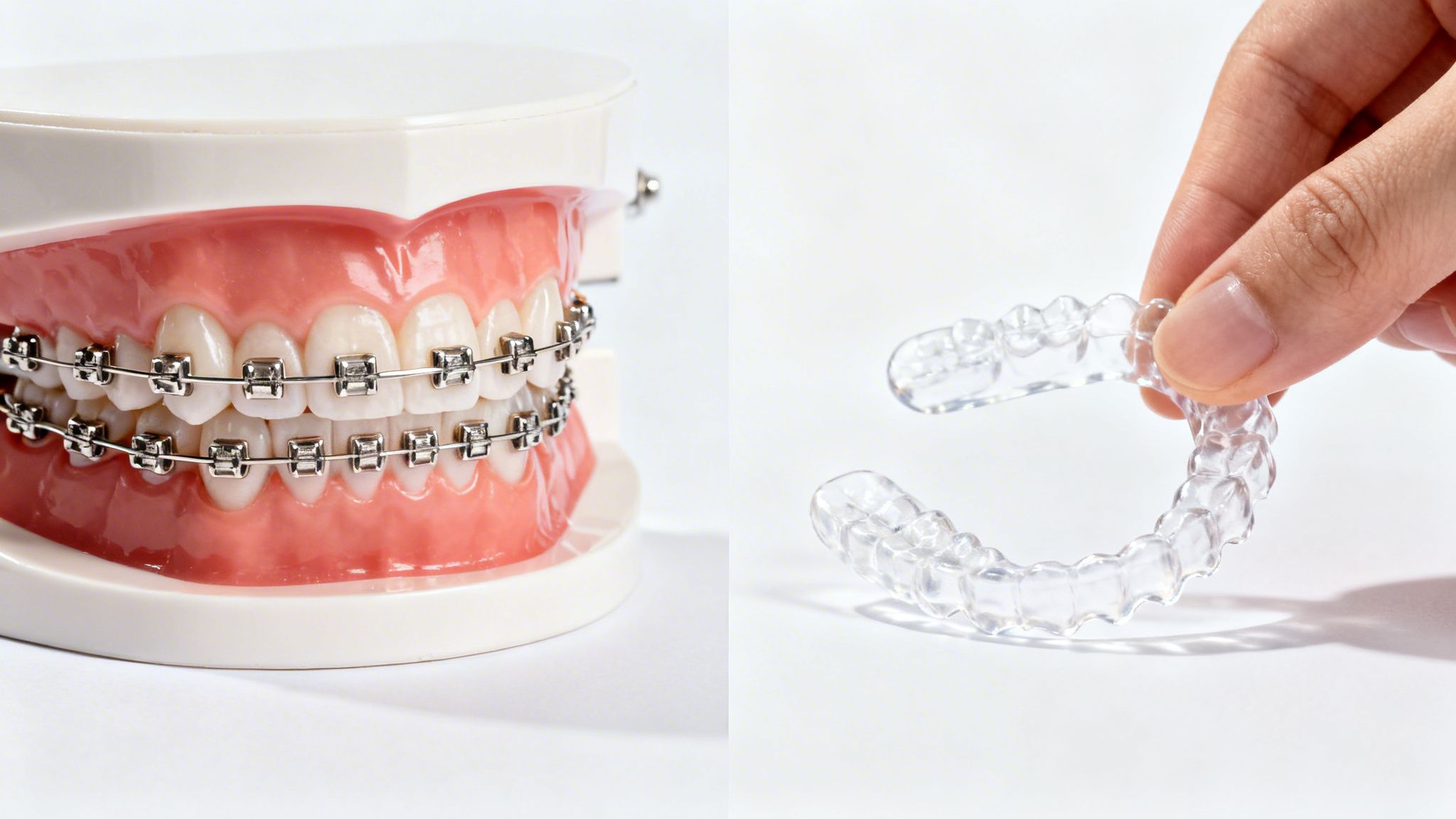 A dental model displays traditional metal braces, contrasting with a hand holding clear aligners for teeth straightening.