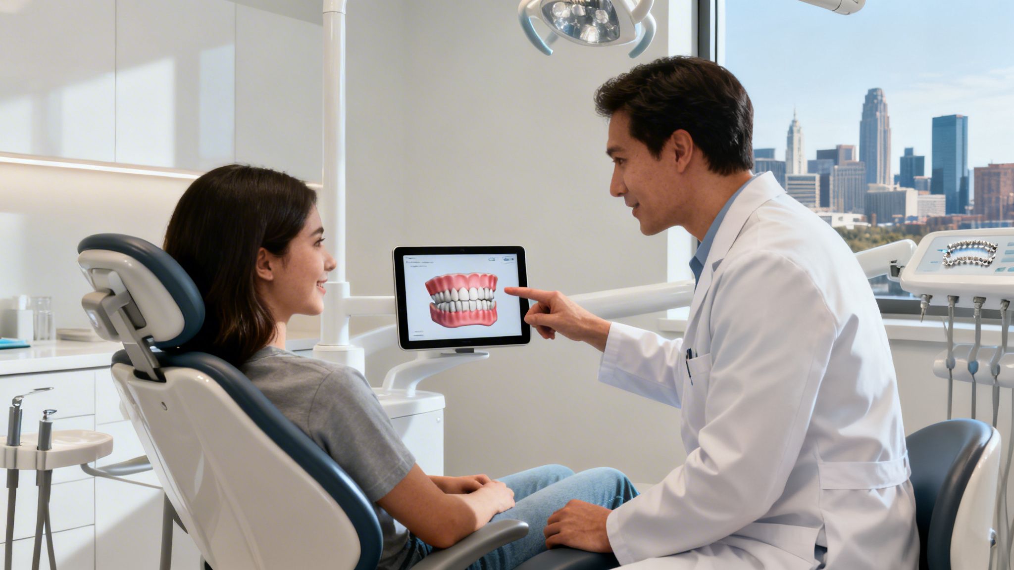 Dentist showing a patient a digital 3D model of teeth on a tablet in a modern clinic.