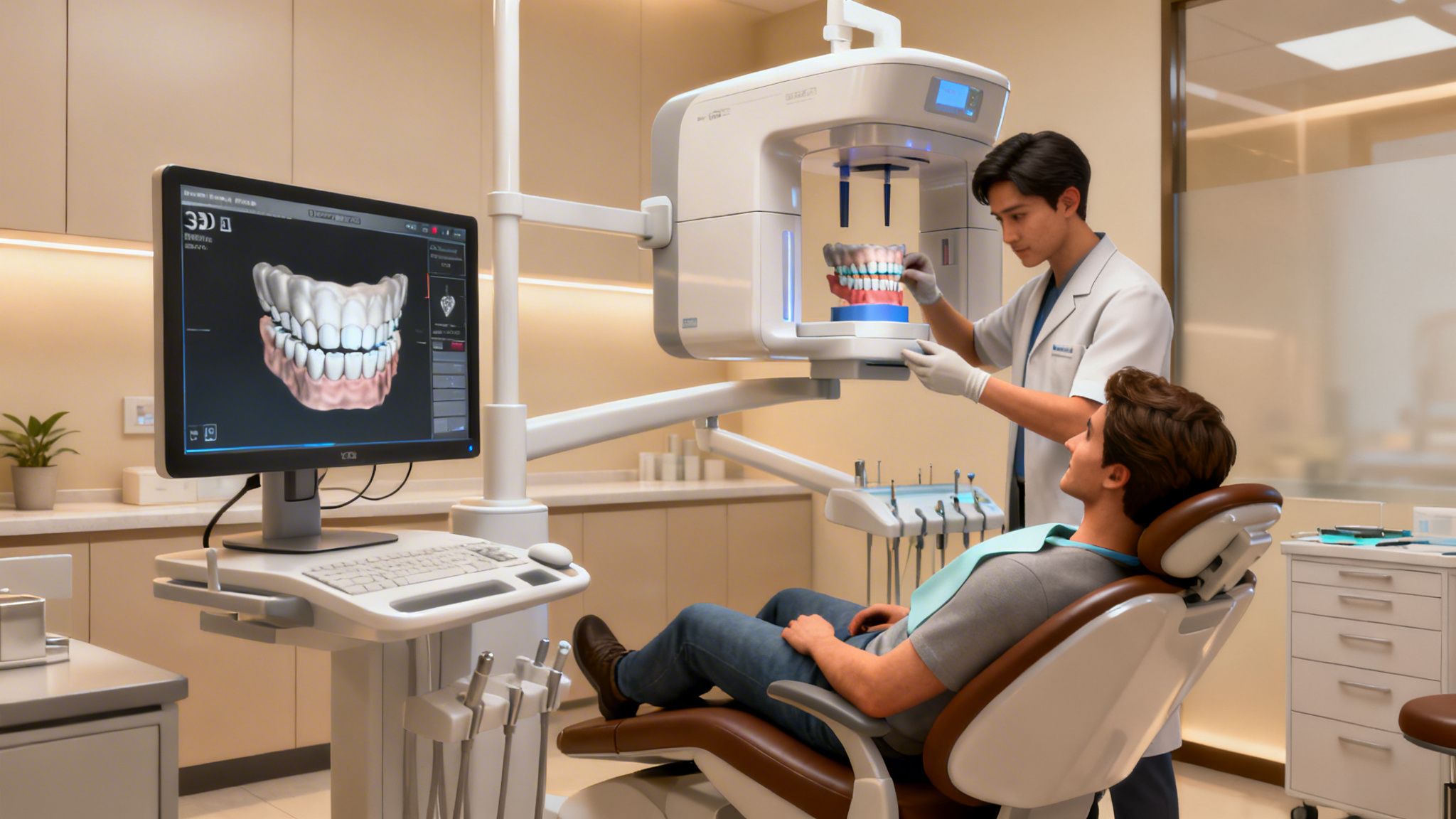 A dentist operates a 3D dental scanner while a patient sits in the chair, with a tooth model displayed on a monitor.