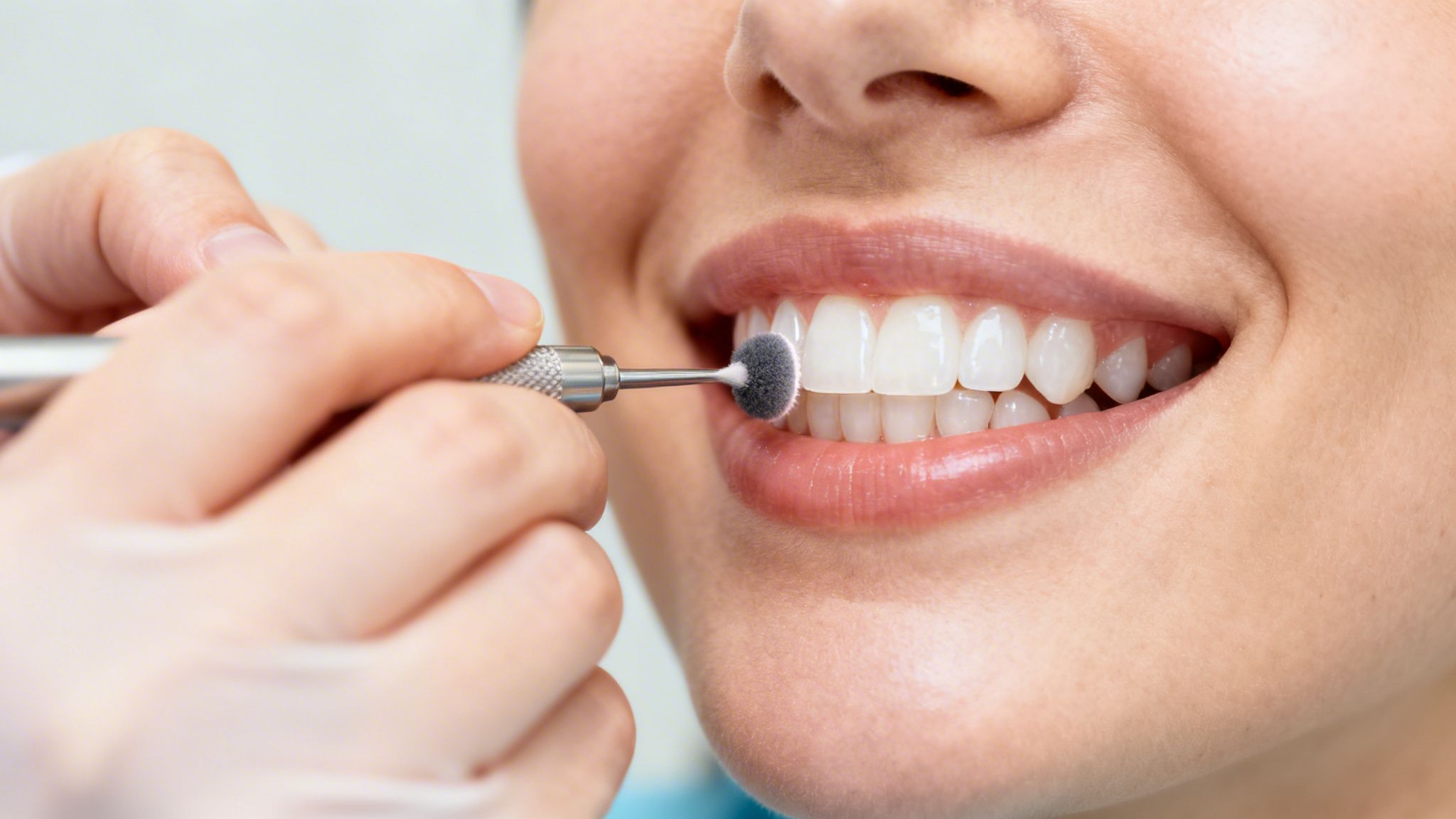 Smiling person receiving a professional teeth polishing with a small dental brush tool.