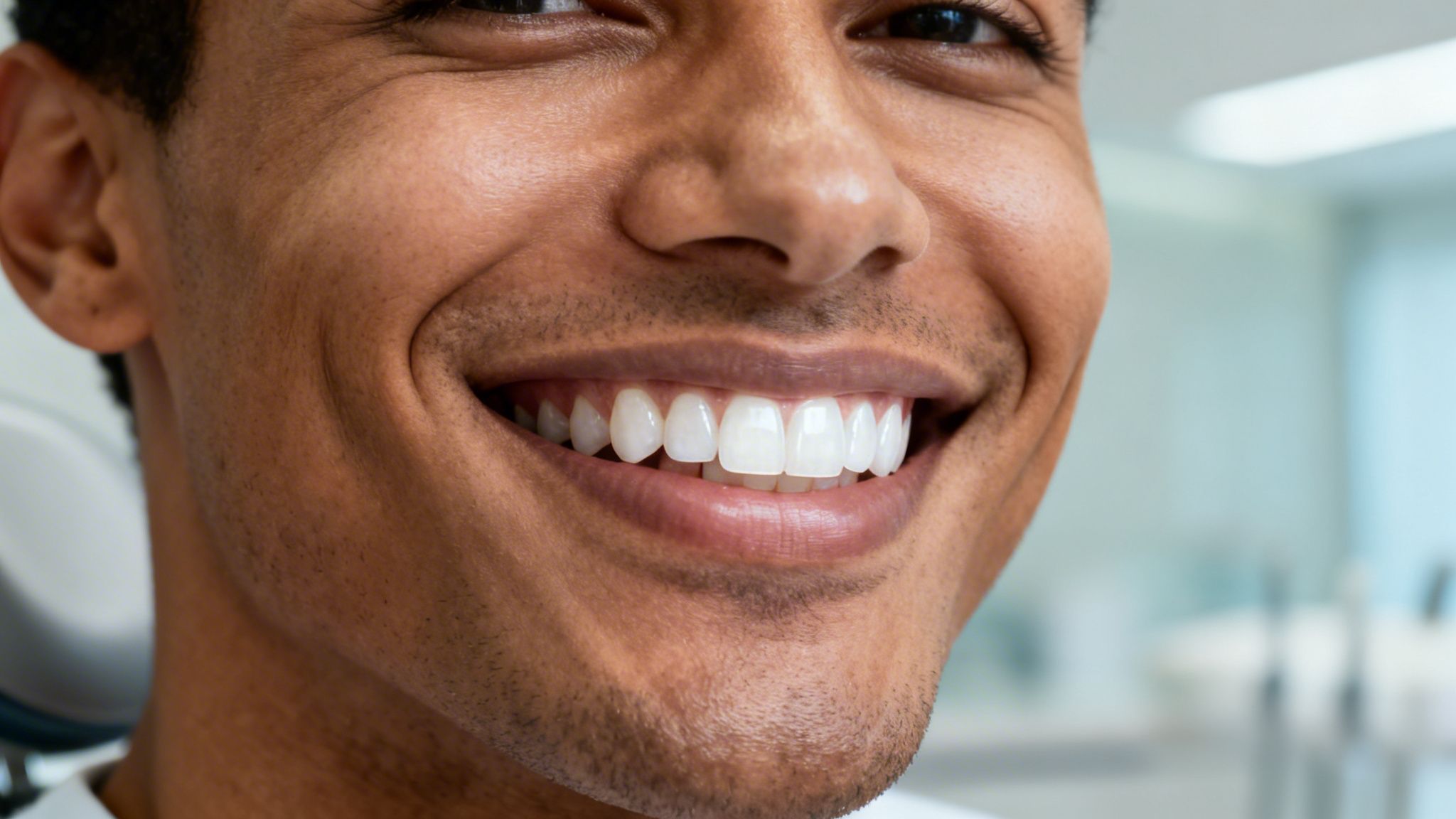 Close-up of a man's radiant smile, highlighting his bright, perfectly aligned white teeth.