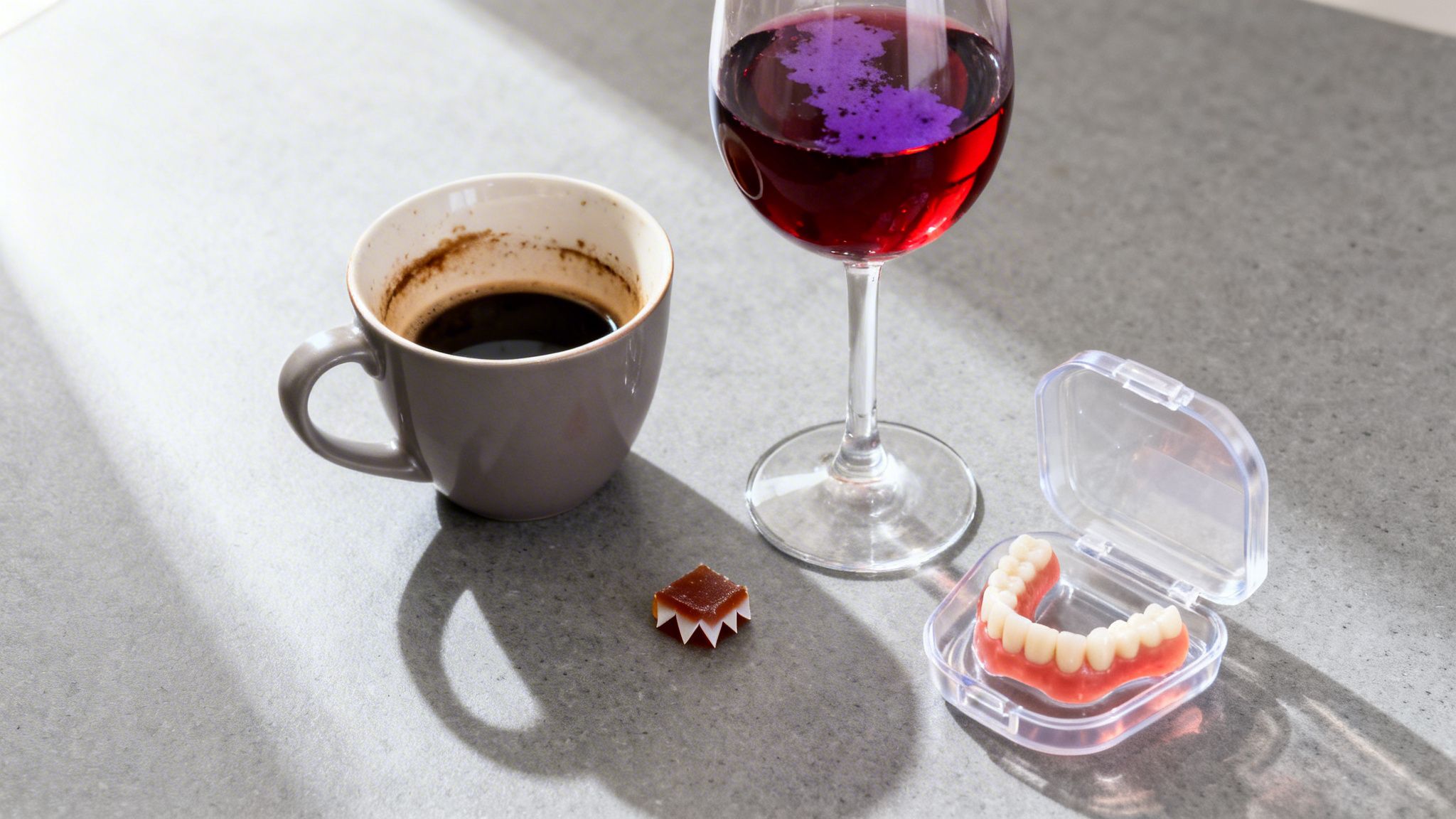 A cup of coffee, red wine with purple liquid, a fruit jelly, and dentures in a case on a table.